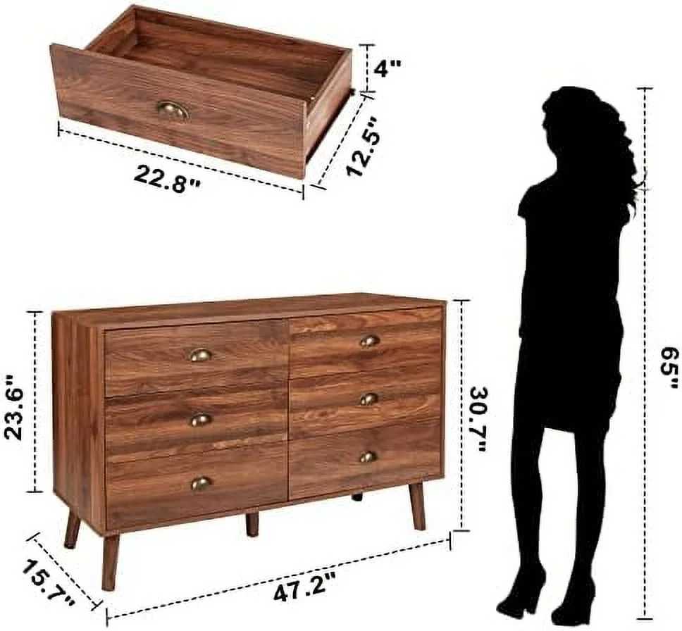 KHBIULIFE Wood 6 Drawers Dresser for Bedroom Mid Century Modern Chests of Drawer with Metal Handles (White1)