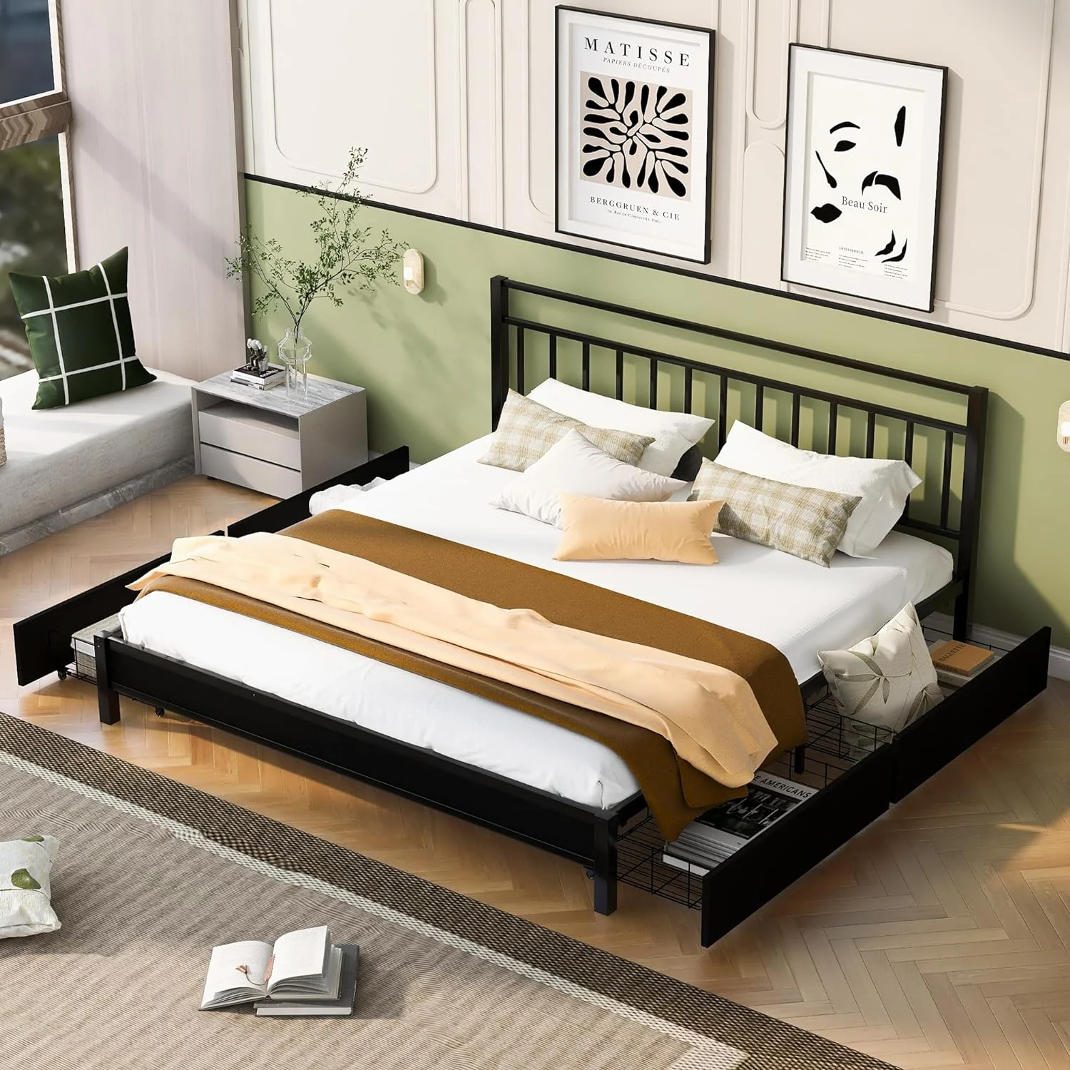 Kig Size Meal Sorage Plaform Bed Wih 4 Drawers, Meal Sorage Plaform Bed Wih Headboard, Kig Plaform Bed Frame Wih Sorage For Guesroom Bedroom, Black