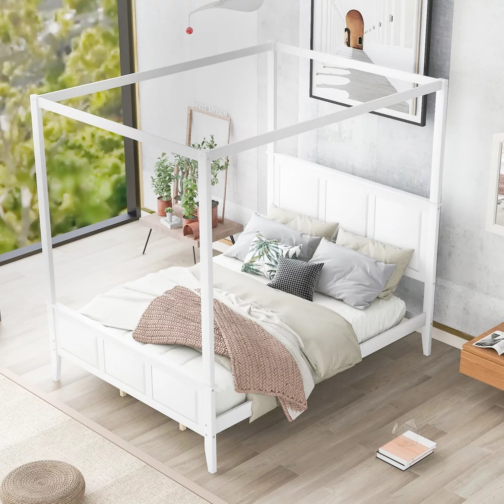 Queen Size Canopy Platform Bed with Headboard and Footboard, Cosymart Slat Support Leg, White