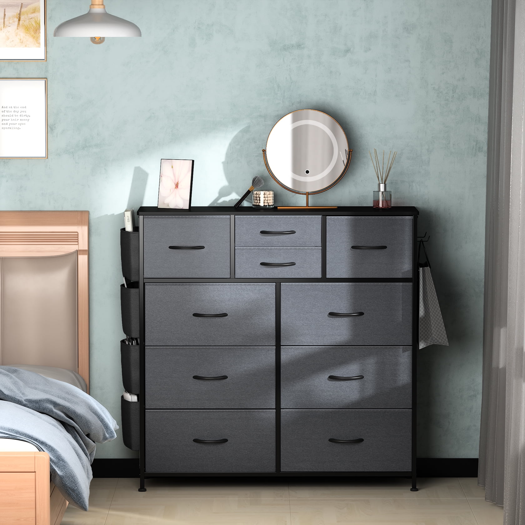 Lulive 10 &5 Drawer Gray Dresser Bundle, Chest of Drawers for Bedroom with Side Pockets and Hooks, Fabric Storage Dresser, Organizer Unit for Hallway, Closet