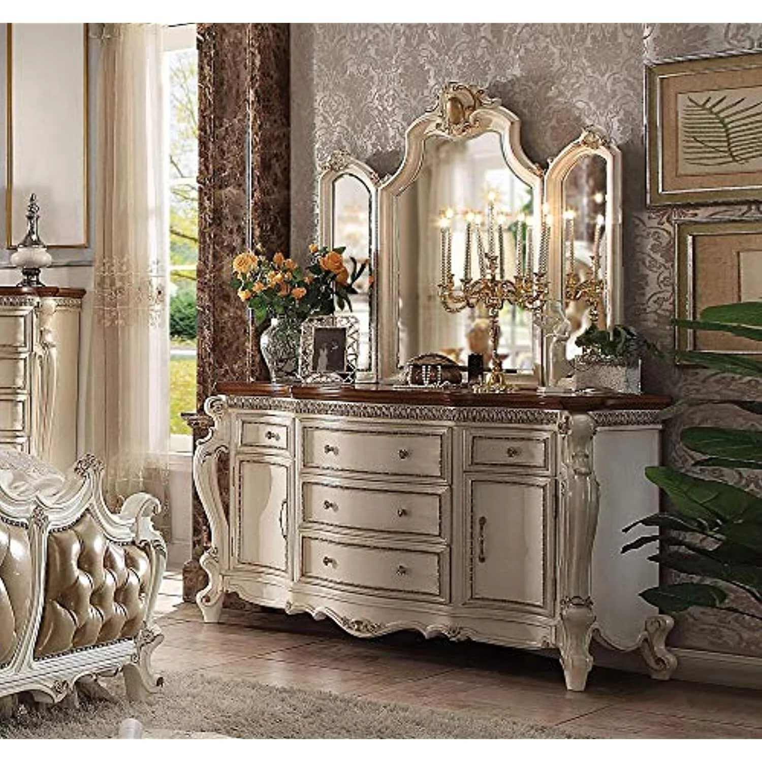 ACME Picardy Dresser, Antique Pearl & Cherry Oak