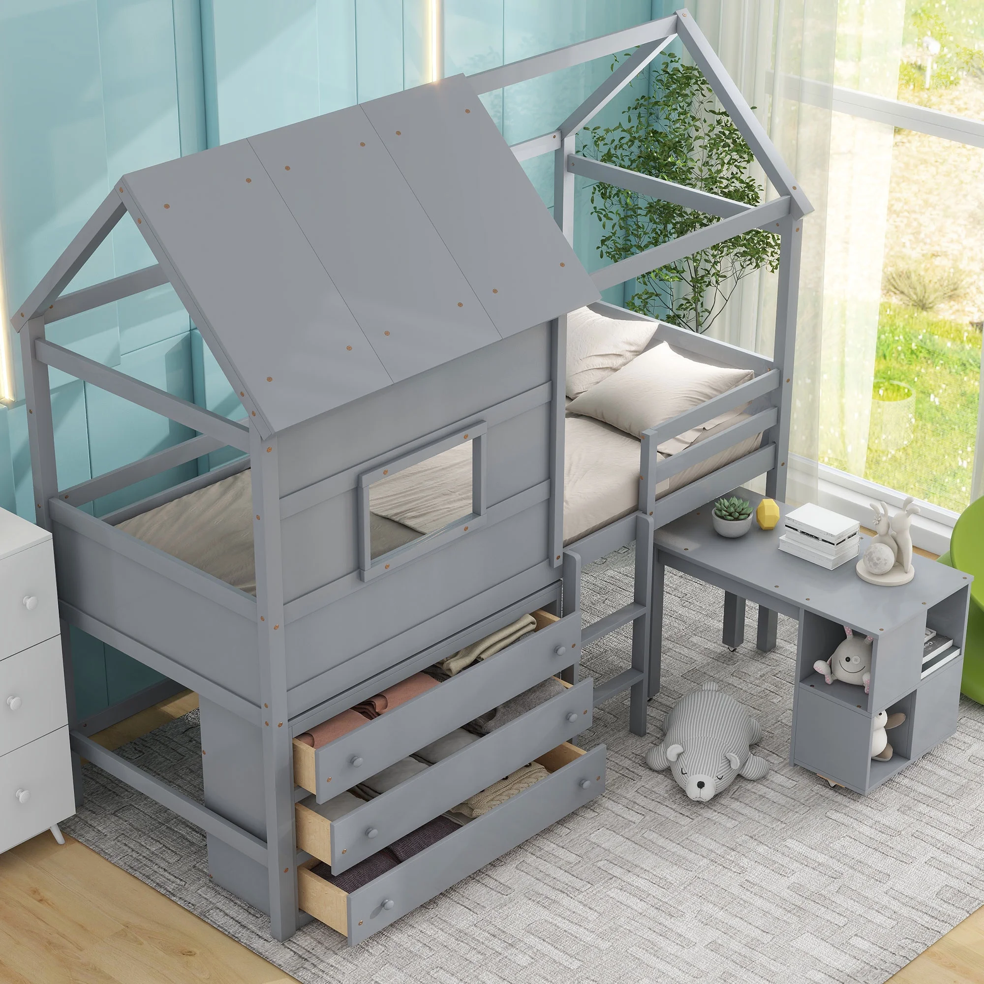 Euroco Wood Twin Size Loft Bed with Movable Desk for Kids, Low Profile Loft Bed with Storage Shelf and Drawers for Kids Teens Adults, House Bed with Roof and Window, Gray