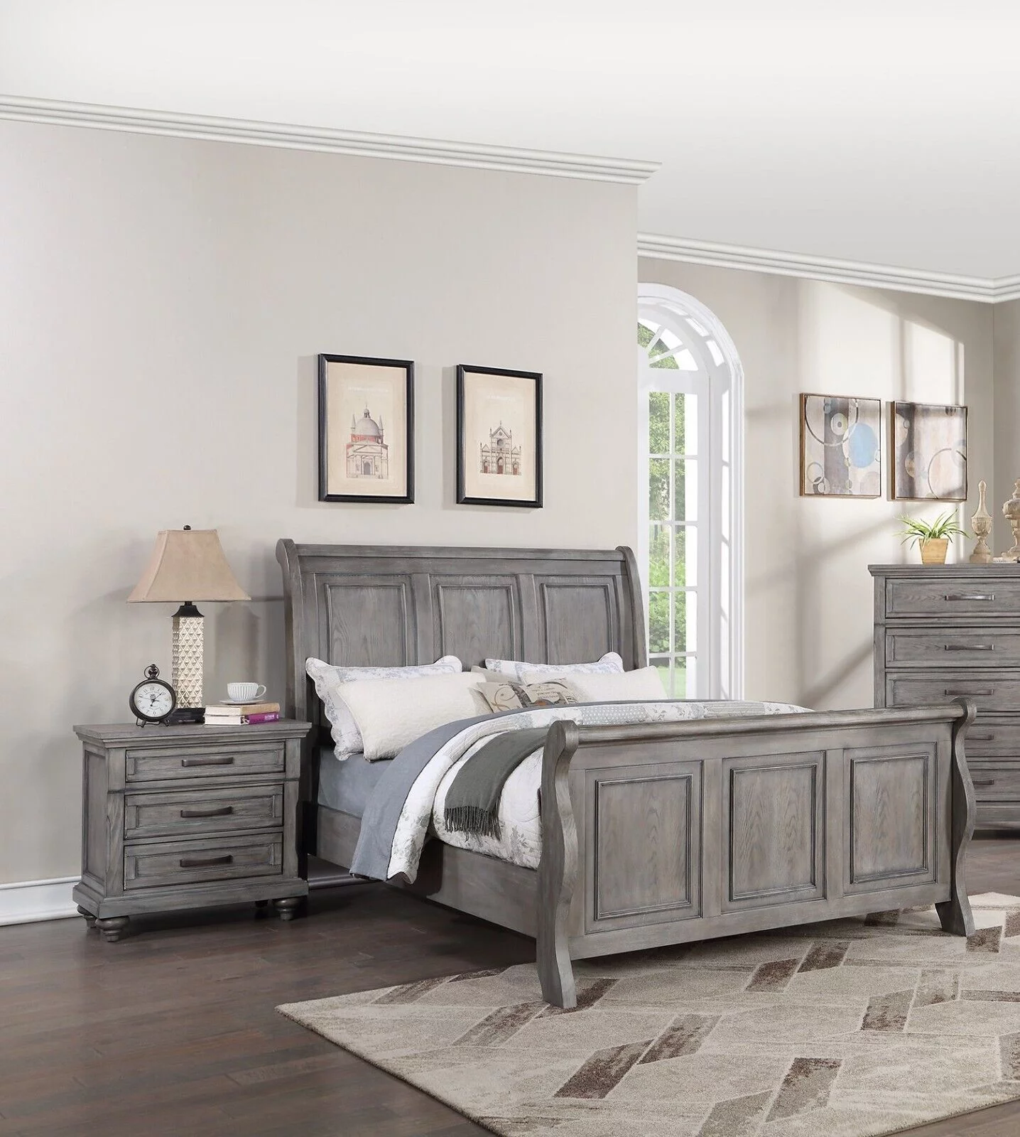 Grey Finish Wooden Eastern King Size Bed 2x Nightstands 3pc Set Bedroom Furniture Sleigh 3-Panel Design Headboard Footboard