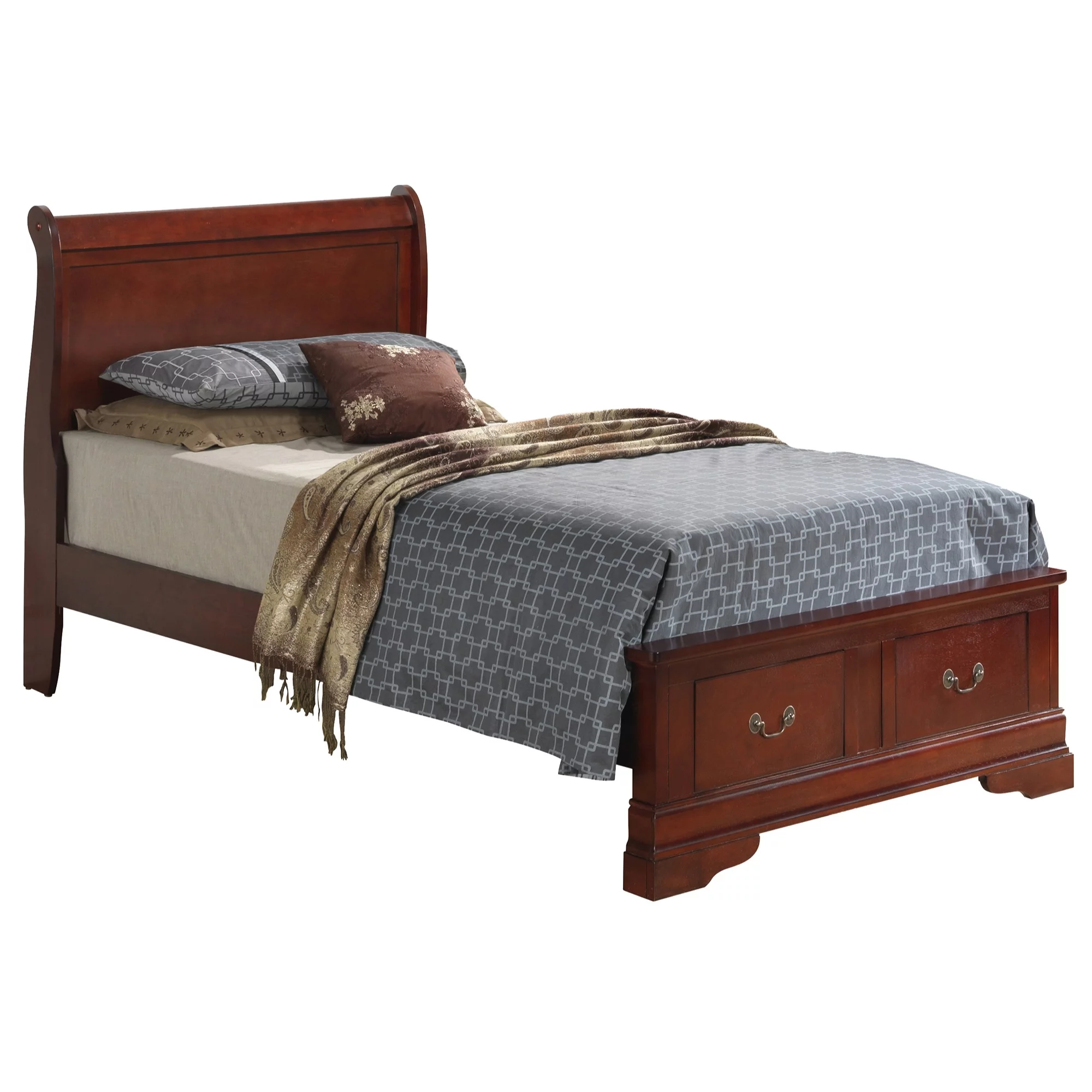 Passion Furniture 41 x 84 x 44 in. Louis Philippe Storage Sleigh Bed, Cherry - Twin Size