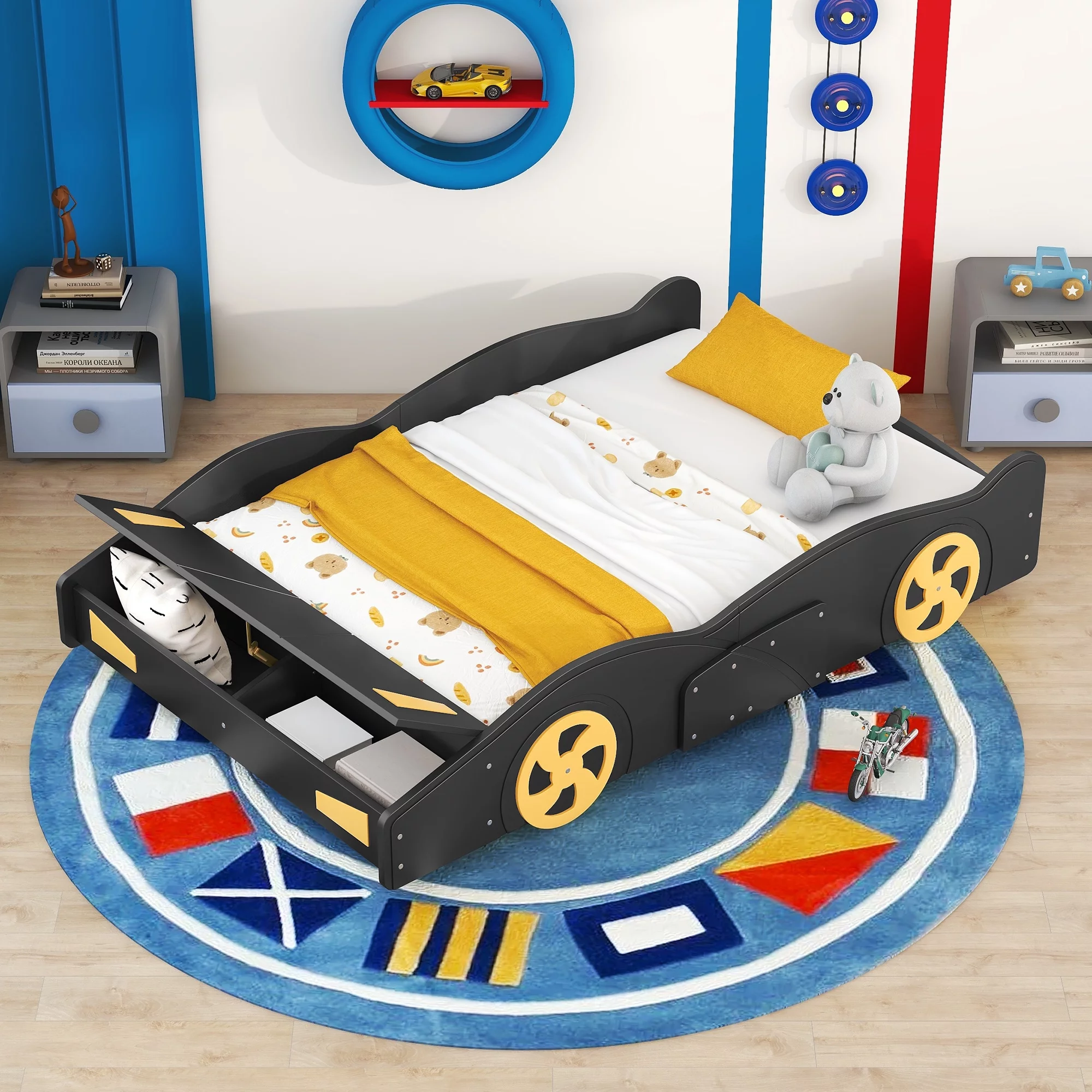CoSoTower Full Size Race Car-Shaped Platform Bed with Wheels and Storage, Black+Yellow