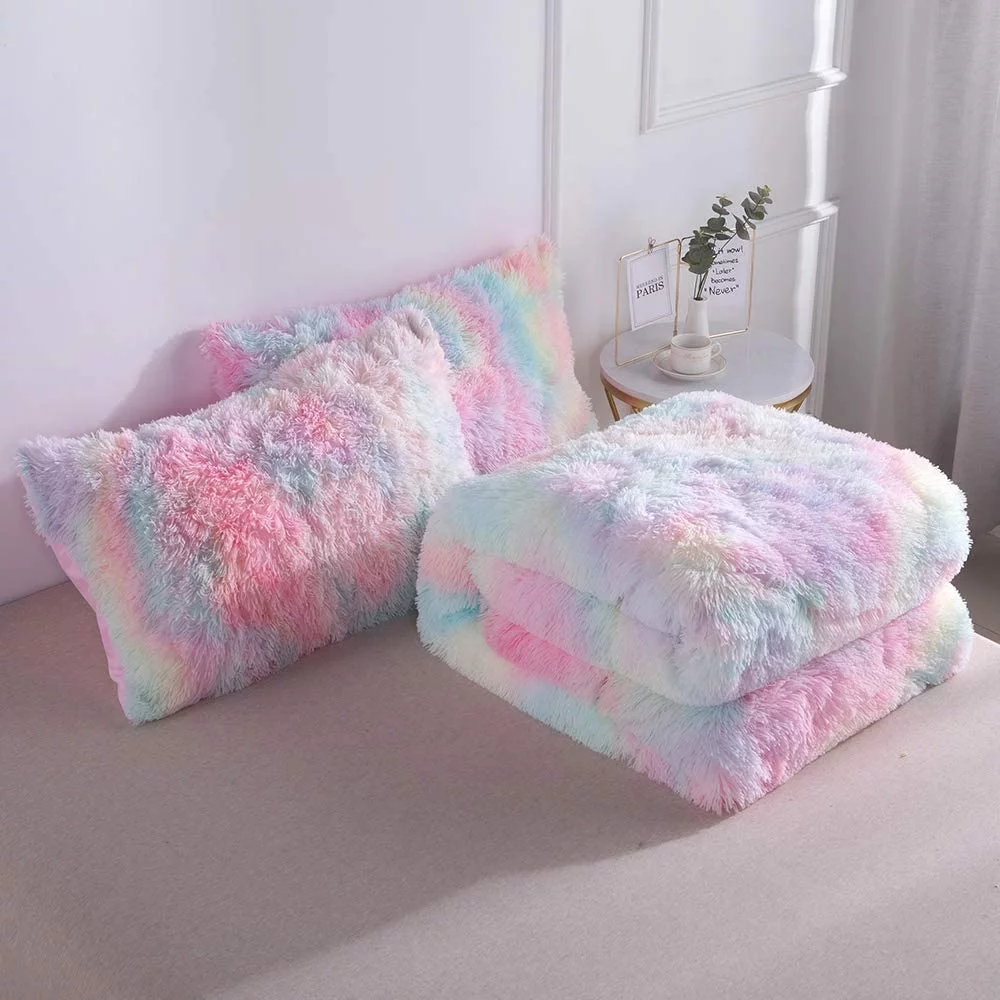 Wajade Plush Shaggy Comforter Set Fluffy Fuzzy Faux Fur Bedding Set - 3PC Microfiber Soft Warm Quilt Set(Rainbow Pink,Queen Size)