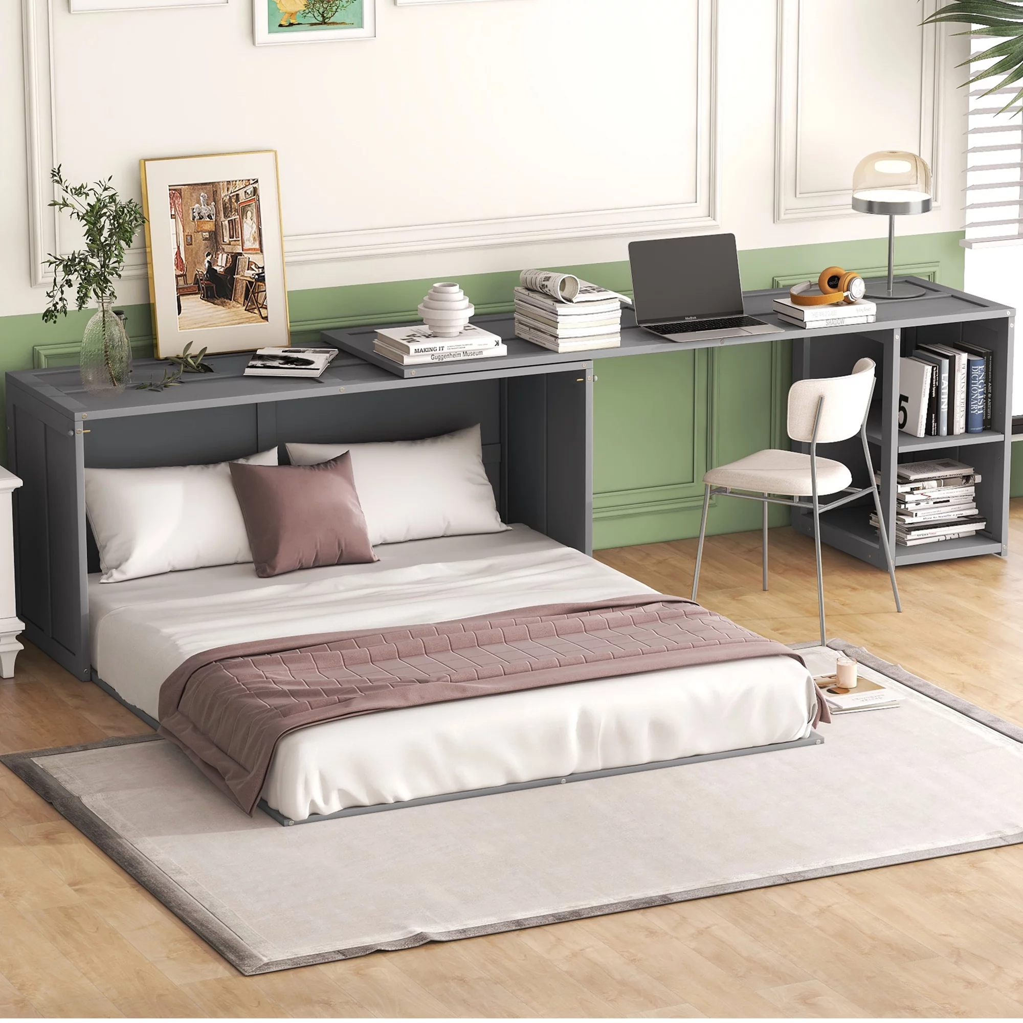 Churanty Queen Size Murphy Bed with Rotable Desk,Cabinet Beds Foldable Wall Bed Frame for Guest Room Home Office, Gray