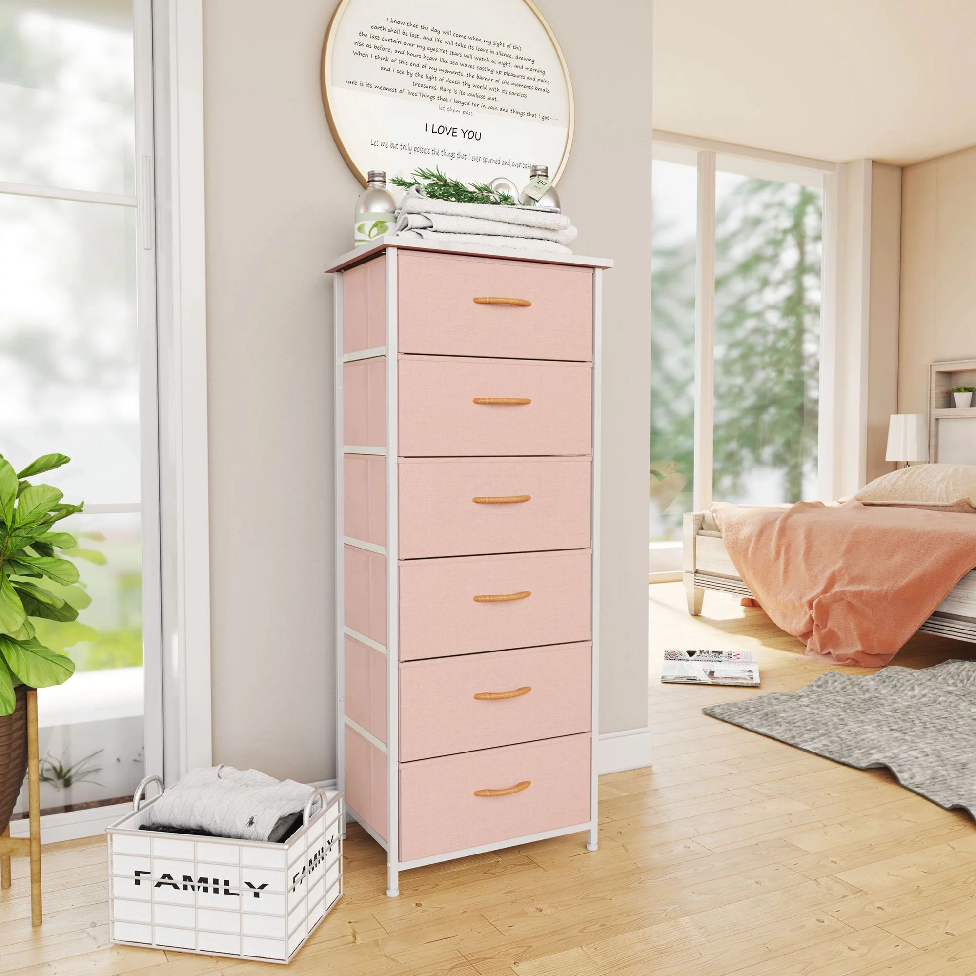Pellebant Pink 6 Fabric Drawers Vertical Dresser Storage Tower Chest