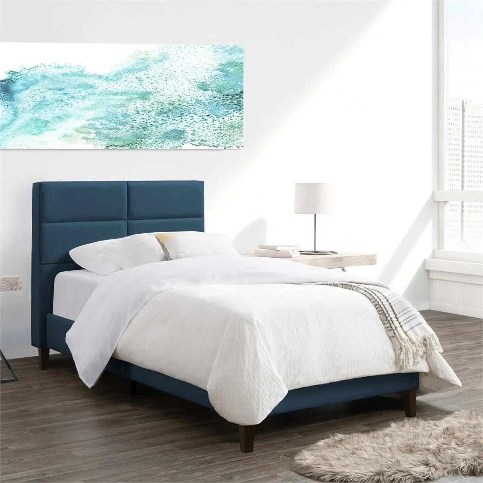 Atlin Designs Upholstered Modern Fabric Single/Twin Panel Bed in Ocean Blue