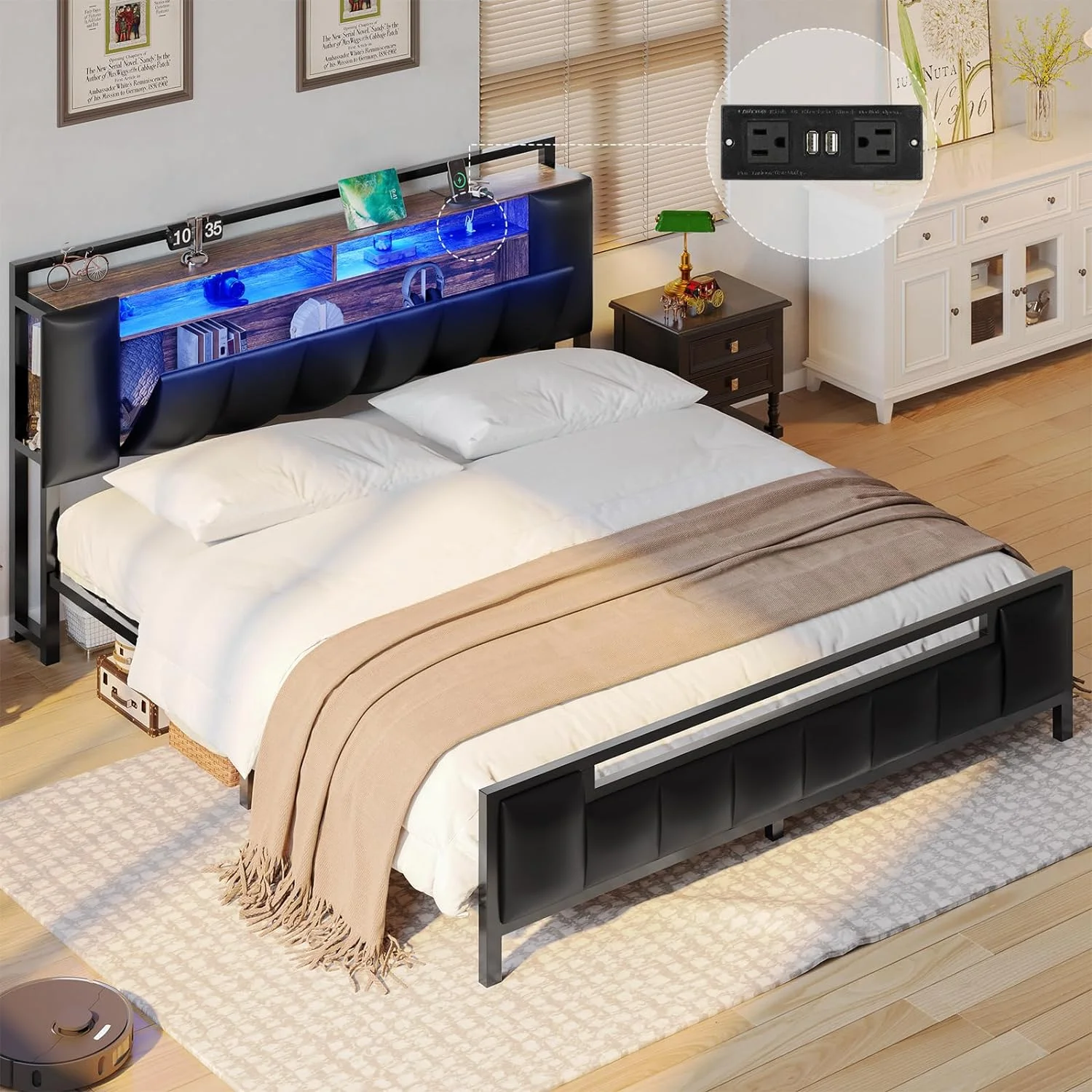 YOJFOTOOU. Queen Bed Frame with Storage, LED Bed Frame Queen Size with Charging Station, Upholstered Headboard with Hidden Storage  2-Tier Shelves, Sturdy Metal Slats, No Box Spring Needed, Noise Free