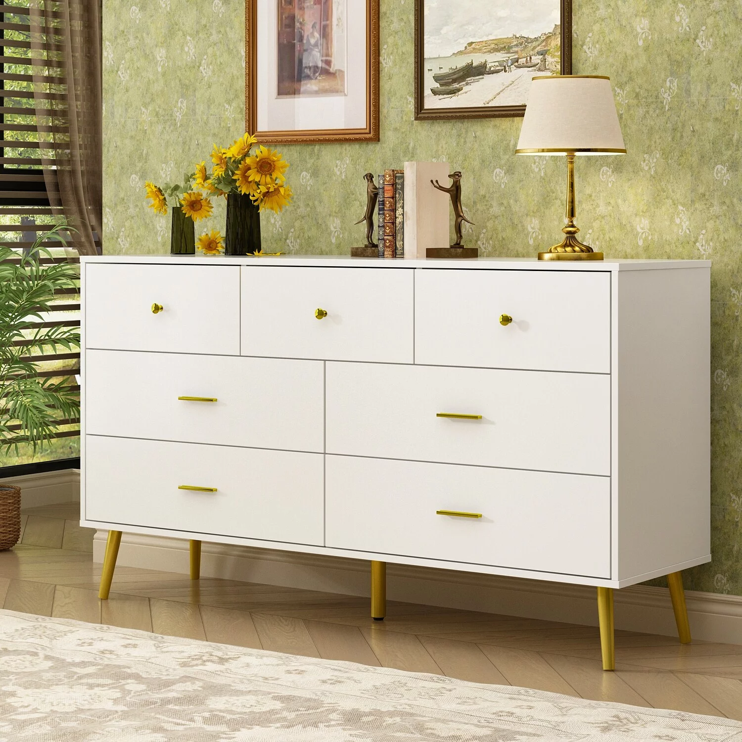 FAMAPY 55.9'' W White Dresser Chest In White and Gold 7 Drawer Storage White