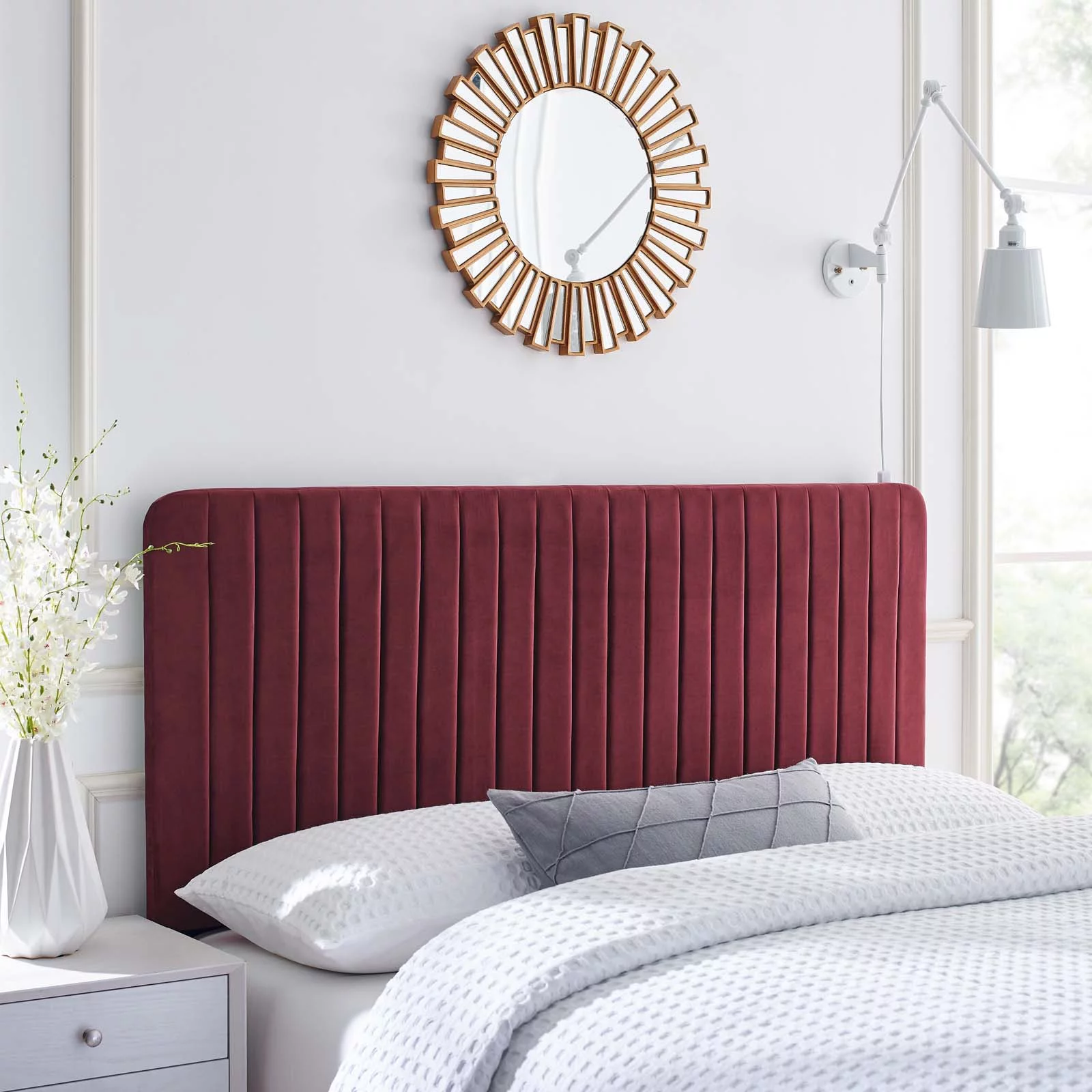 Tufted Headboard, King Size, Velvet, Red, Modern Contemporary Urban Design, Bedroom Master Guest Suite