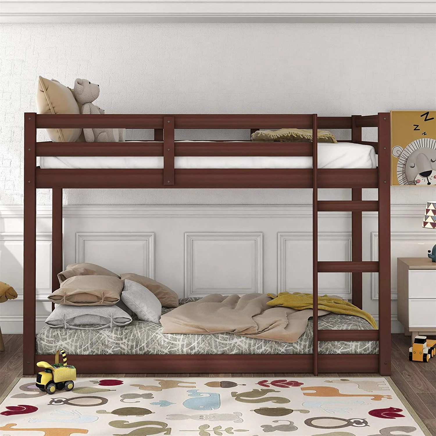 Loft Bed, Wooden Low Loft Bed Convertible Low Bunk Bed For Kids, Espresso