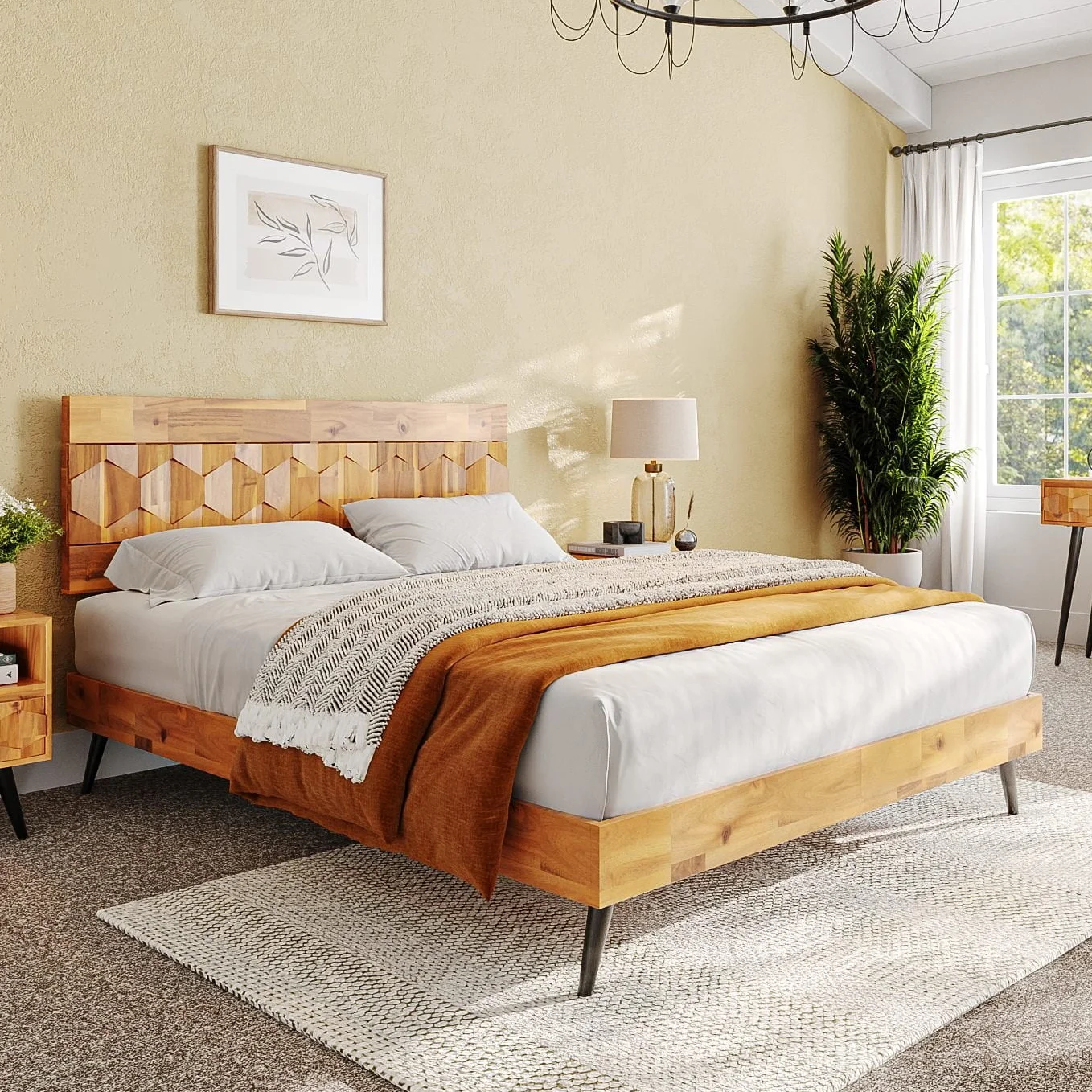 Aile Patronza King Solid Wood Bed Frame, Platform Bed, Rhombus Pattern Headboard, Autumn