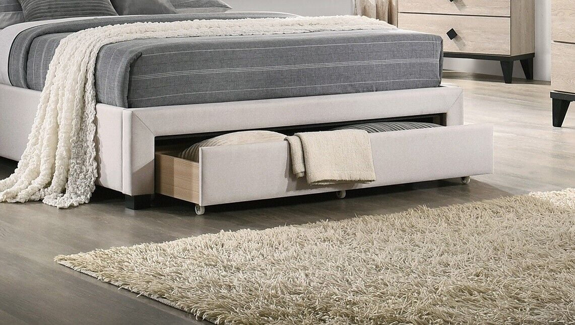 Light Brown Burlap Fabric Tufted Headboard Storage Footboard Full Size Bed 1pc Bedroom Furniture Particle Board