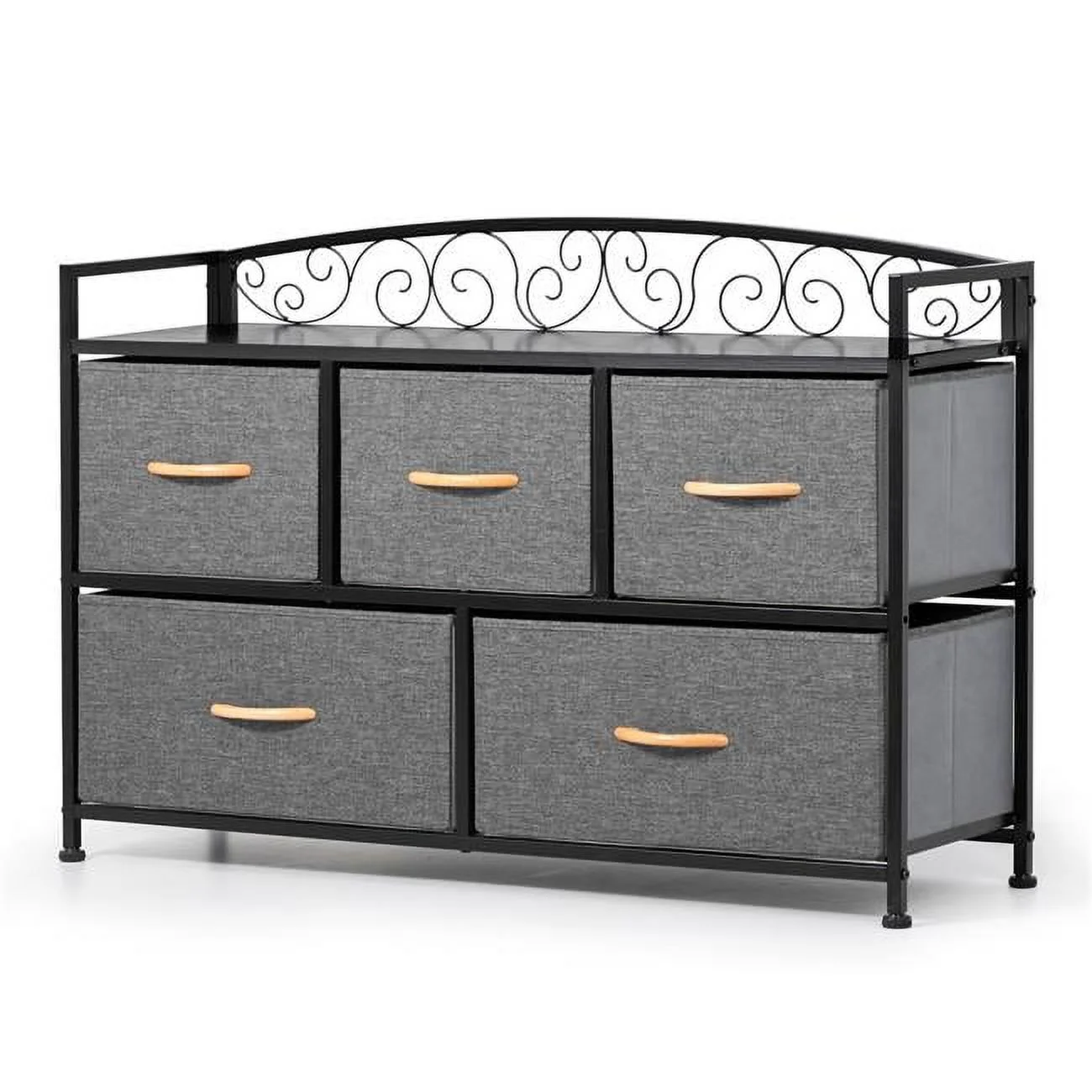 HomeRoots 484703 39 in. Gray, Black Steel & Fabric Five Drawer Combo Dresser