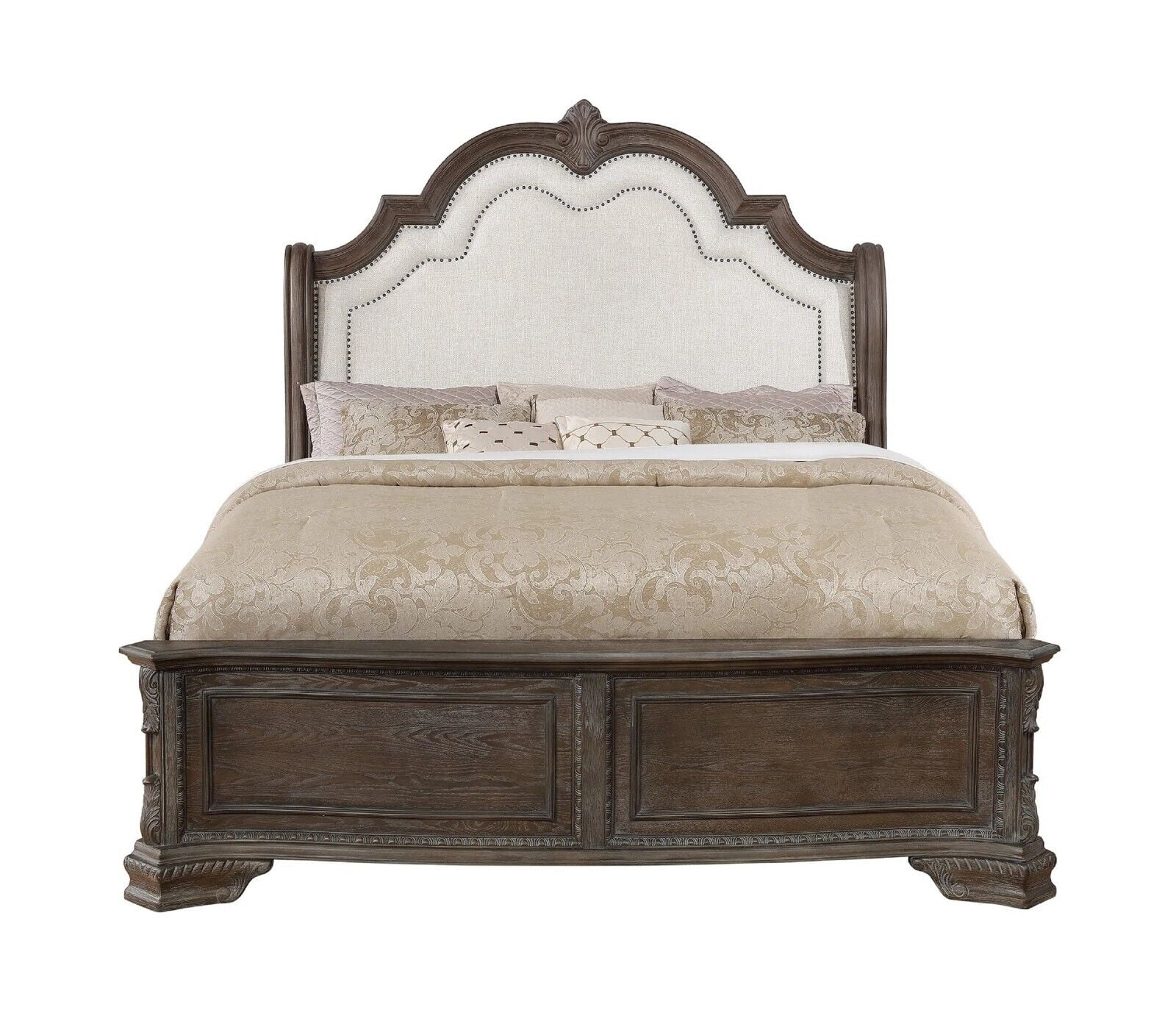 Traditional Formal 3Pc King Size Bed Chest Nightstand Set Gray Beige Upholstery Bedroom Furniture