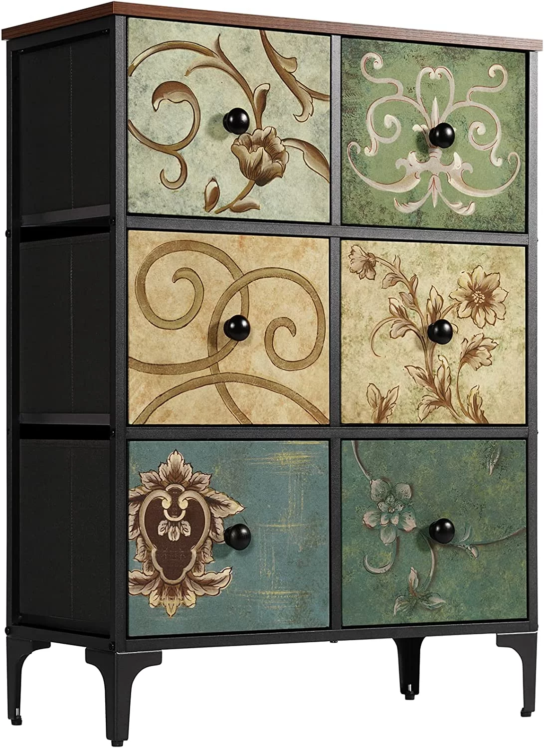 Dresser with 6 Drawers Tall Storage Dresser for Bedroom Modern Chest of Drawers for Closet Living Room Nursery Wood Top Fabric Drawers (Rustic Brown)