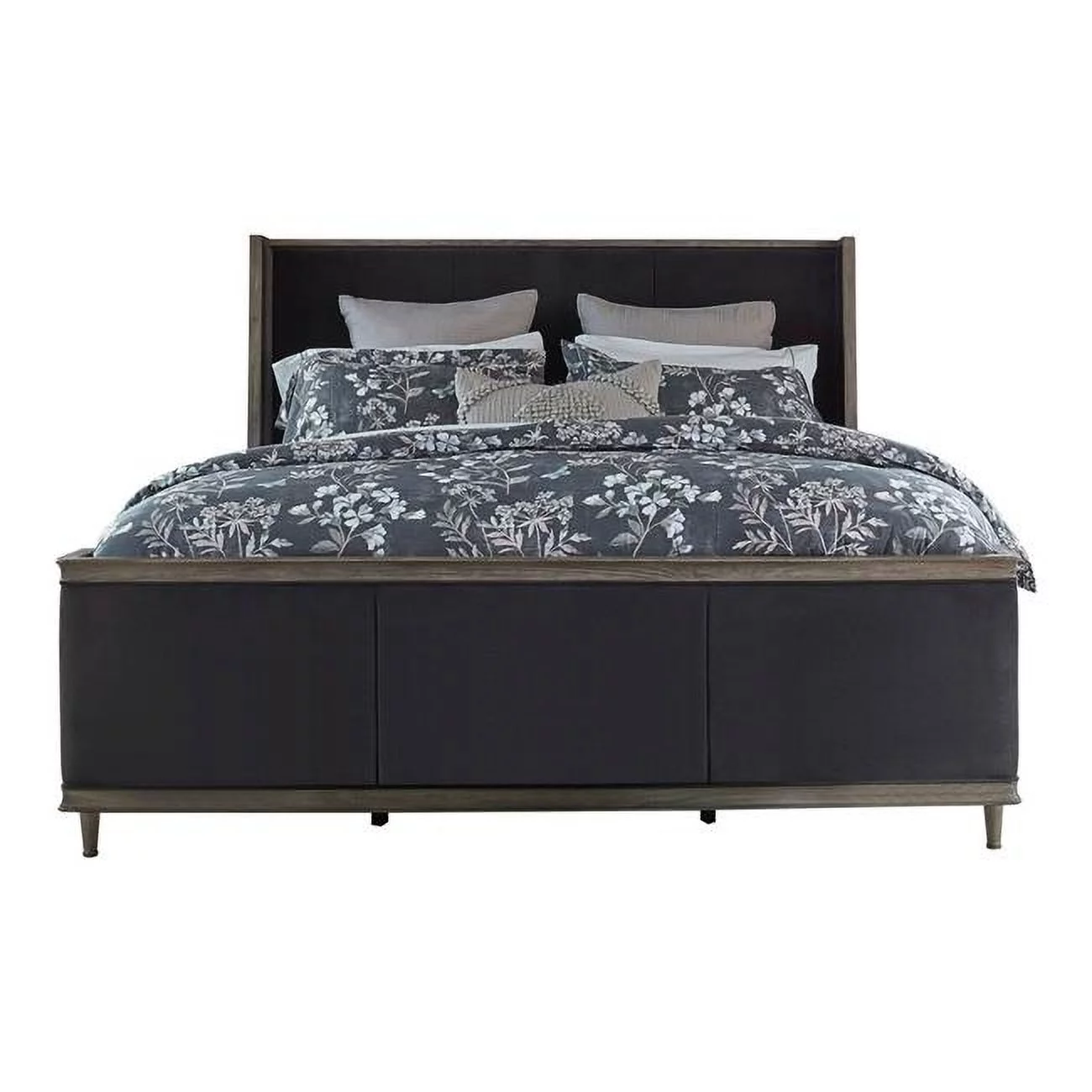 Benjara BM302737 Straight Accents Wingback Padded Upholstered Sili King Size Bed, Gray & Brown