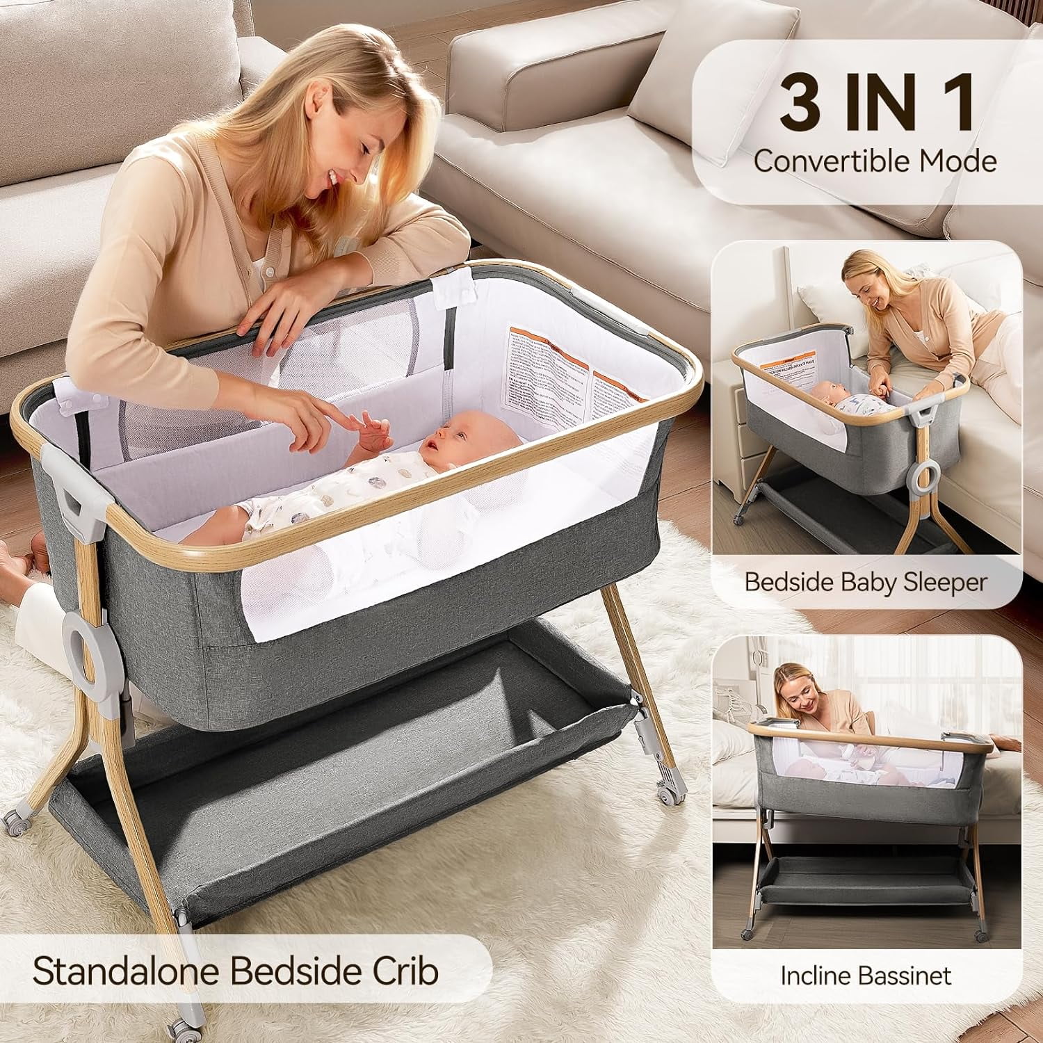 3 in 1 Baby Bassinet Bedside Sleeper, Breathable Mesh Safe Bedside Bassinet for Baby, Easy Assemble & Folding Portable Bassinet, 5 Height Adjustable Bedside Crib with Storage Basket, Mattress, Wheels