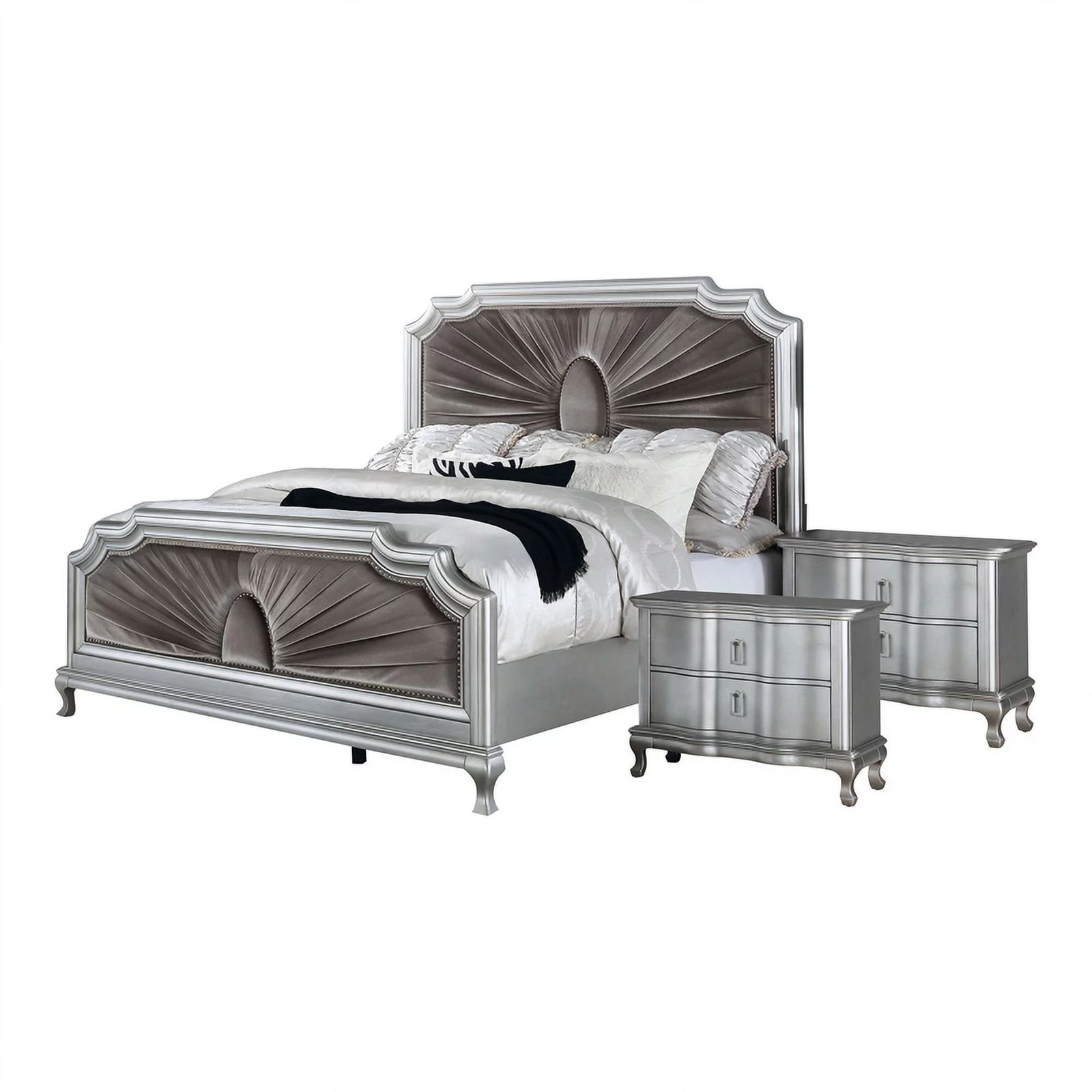 FOA Pappa Glam 3-Piece Silver Wood Bedroom Set - Queen + 2 Nightstands