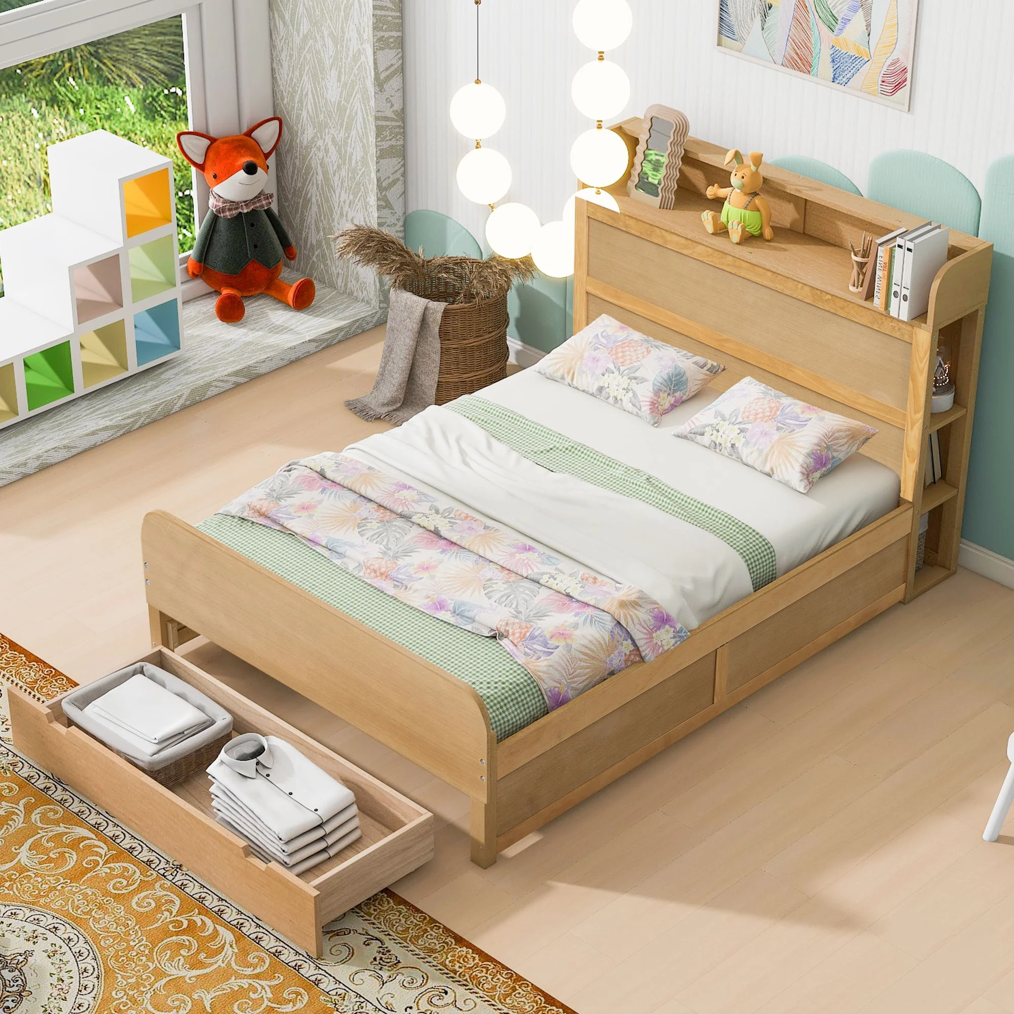 Full Size Sturdy Construction Solid Wood Bed Frame with Storage Headboard and a Big Drawer, Platform Bed Frame, Mid Century Bedframe, Wood Foundation(Wood, Full)