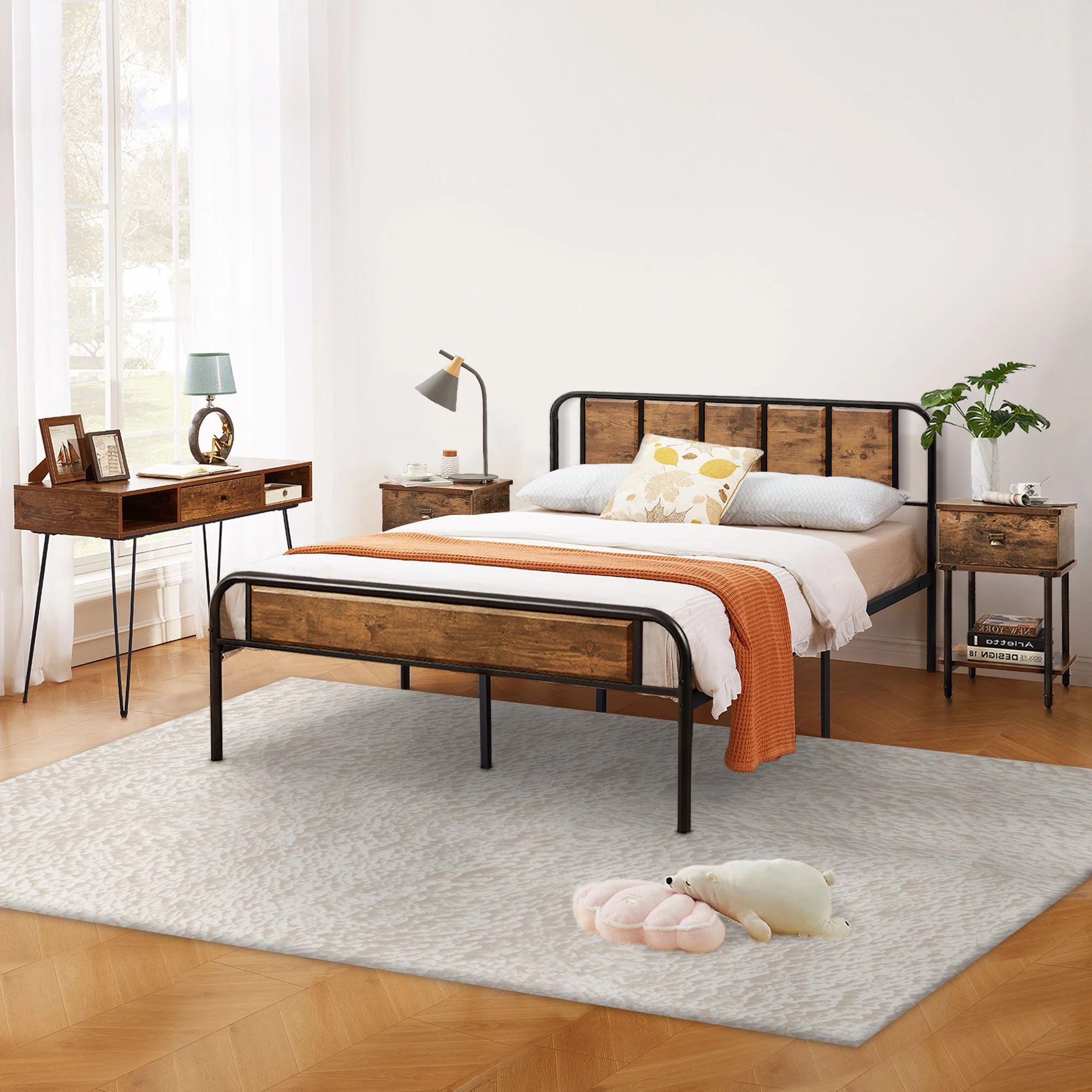 VECELO 4-Piece Bedroom Set Full Bed Frame Nightstands And Desk Set (Set of 4)