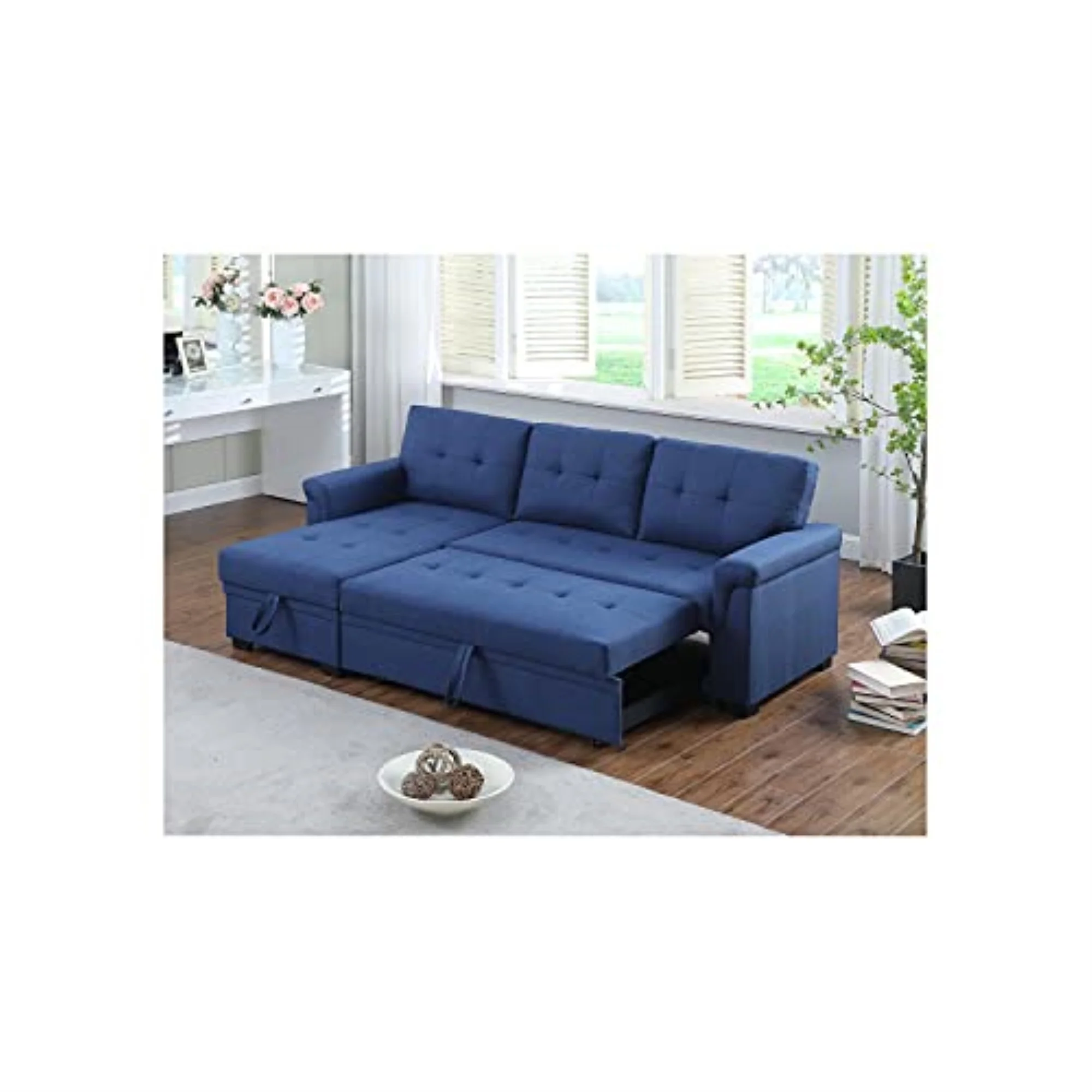 Lucca Blue Linen Reversible Sleeper Sectional Sofa with Storage Chaise
