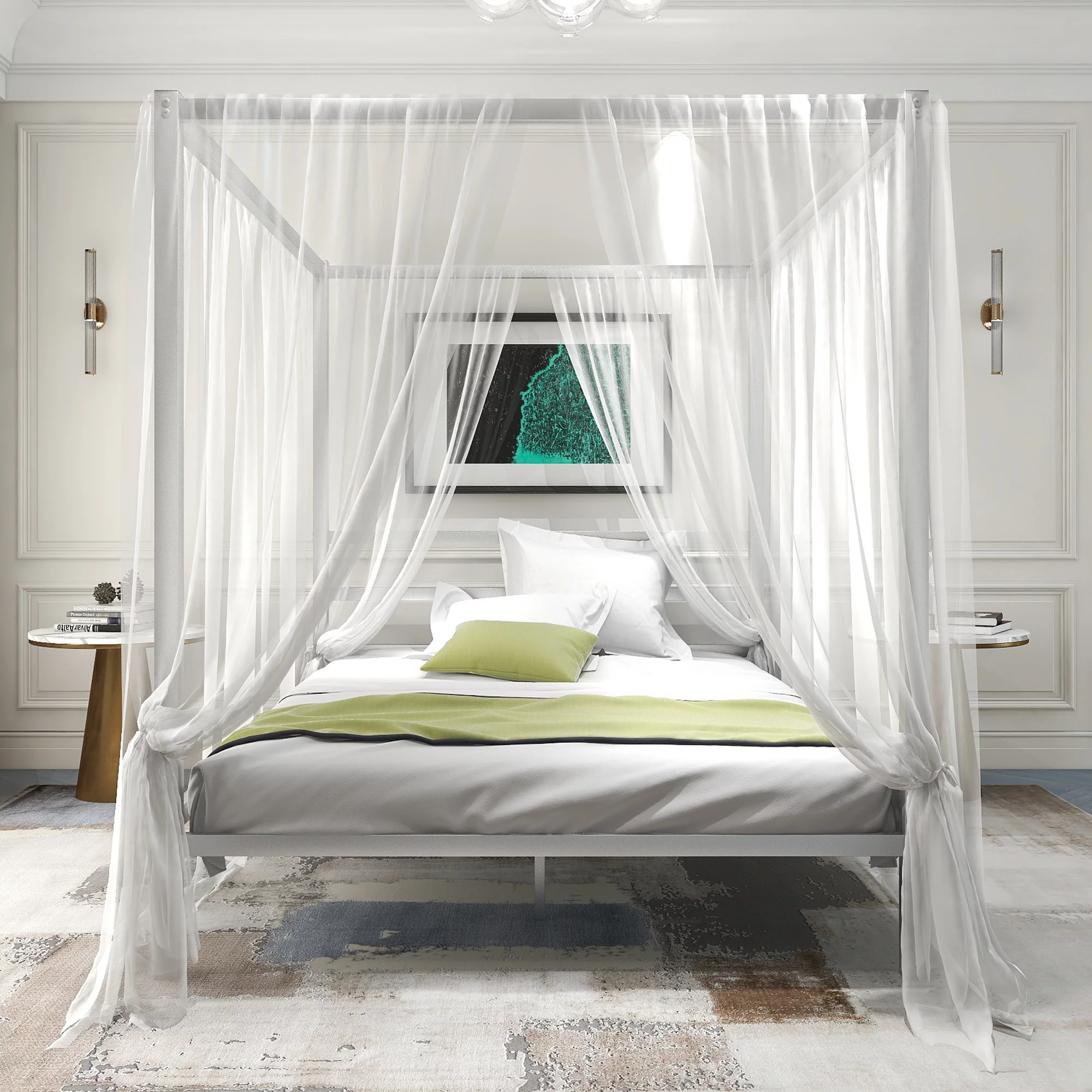 Metal Canopy Bed with Sturdy Bed Frame, 4-Post Metal Canopy Bed Frame with Headboard, Queen Size, No Box Spring Needed