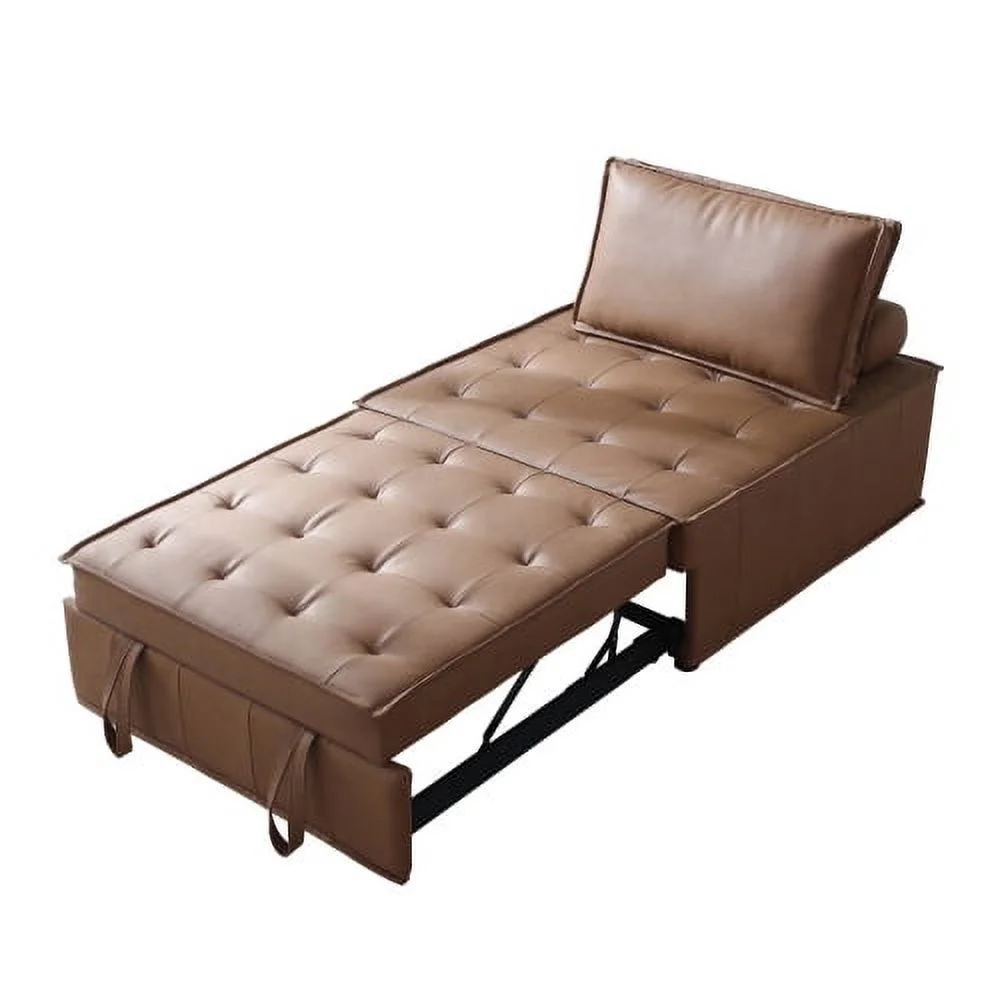 Motent Mid-Century Modern Sofa Couch Multipurpose Faux Leather Ottoman Lazy Sofa Pulling Out Sofa Bed, living room and bedroom (Brown)