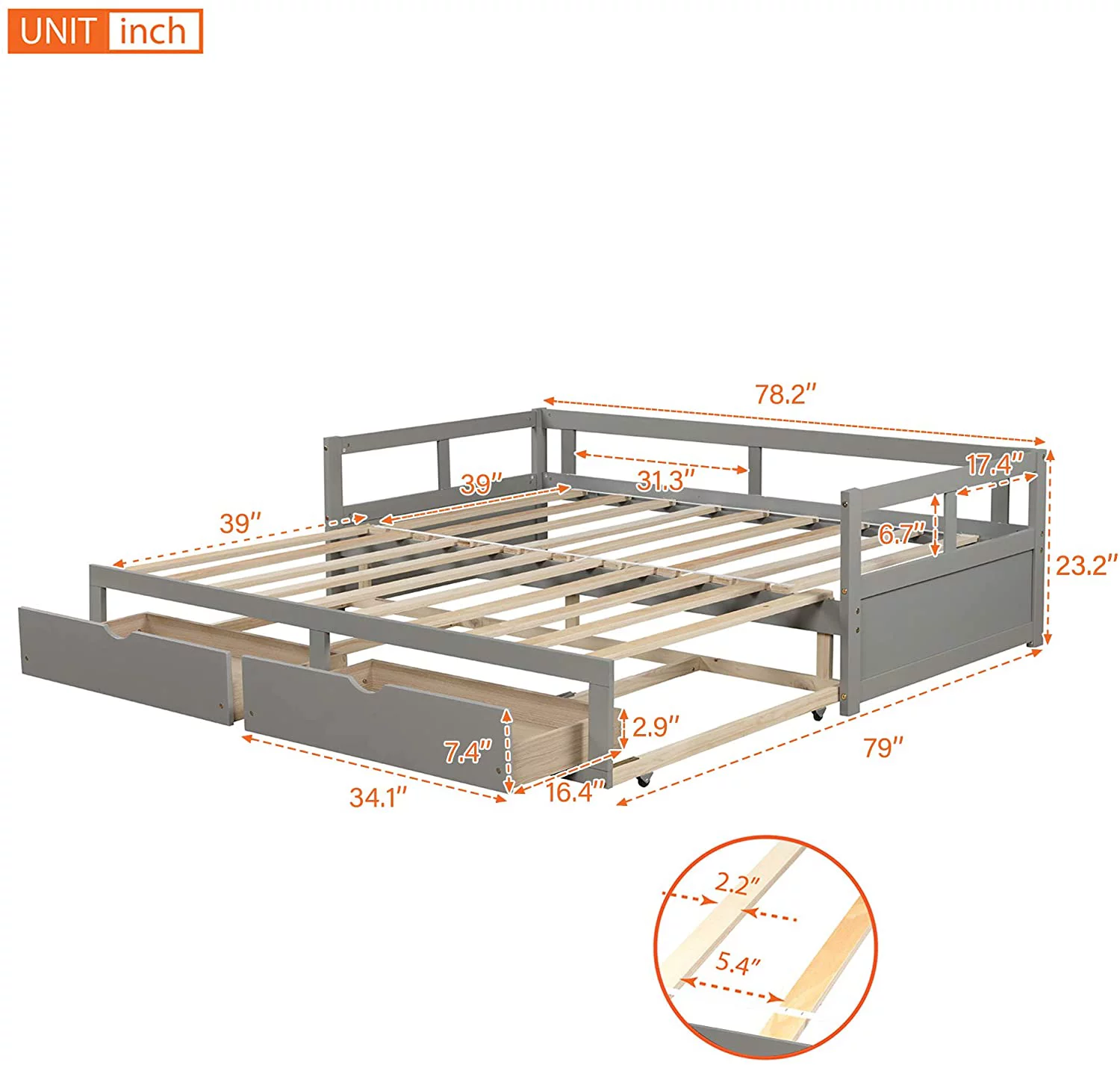 Extendable Daybed With Trundle Bed, Wood Daybed With Pull Out Trundle And 2 Storage Drawers, To King Design Extending Bed Frame For Kids Girls Boys Teens Adults, Grey