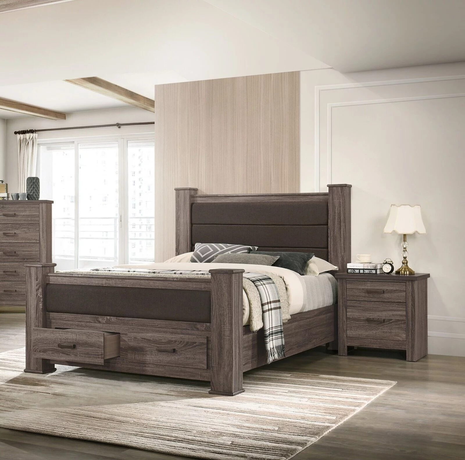 3pc Bedroom Set Eastern King Size Bed 2x Nightstands Natural Grey Finish Wooden Storage Drawers Upholstered HB FB