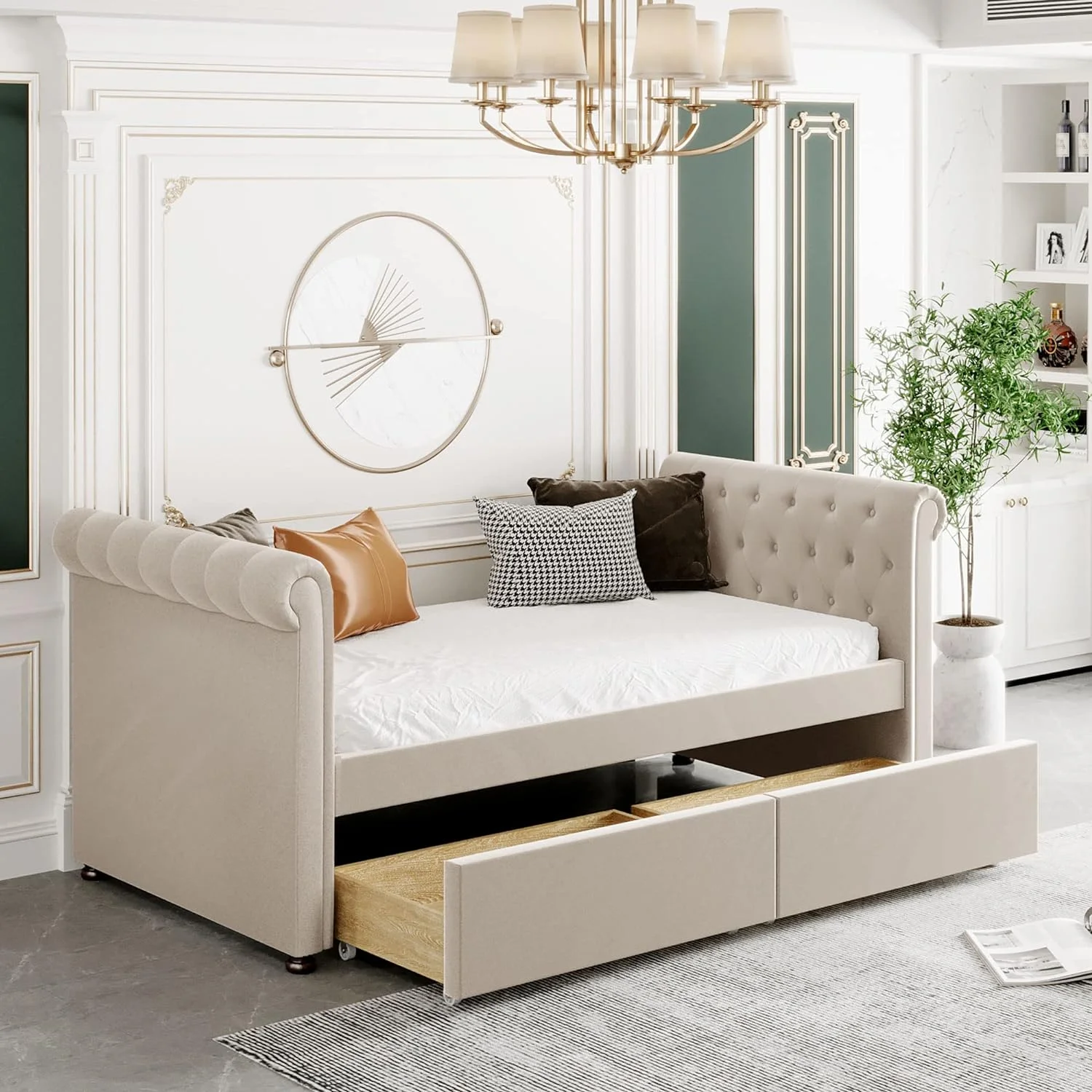 Upholstered Daybed With Storage, Wood Daybed Frame With 2 Drawers Udereath, Tufted Sofa Bed With Wood Slat Support For Bedroom,Livig Room,Beige