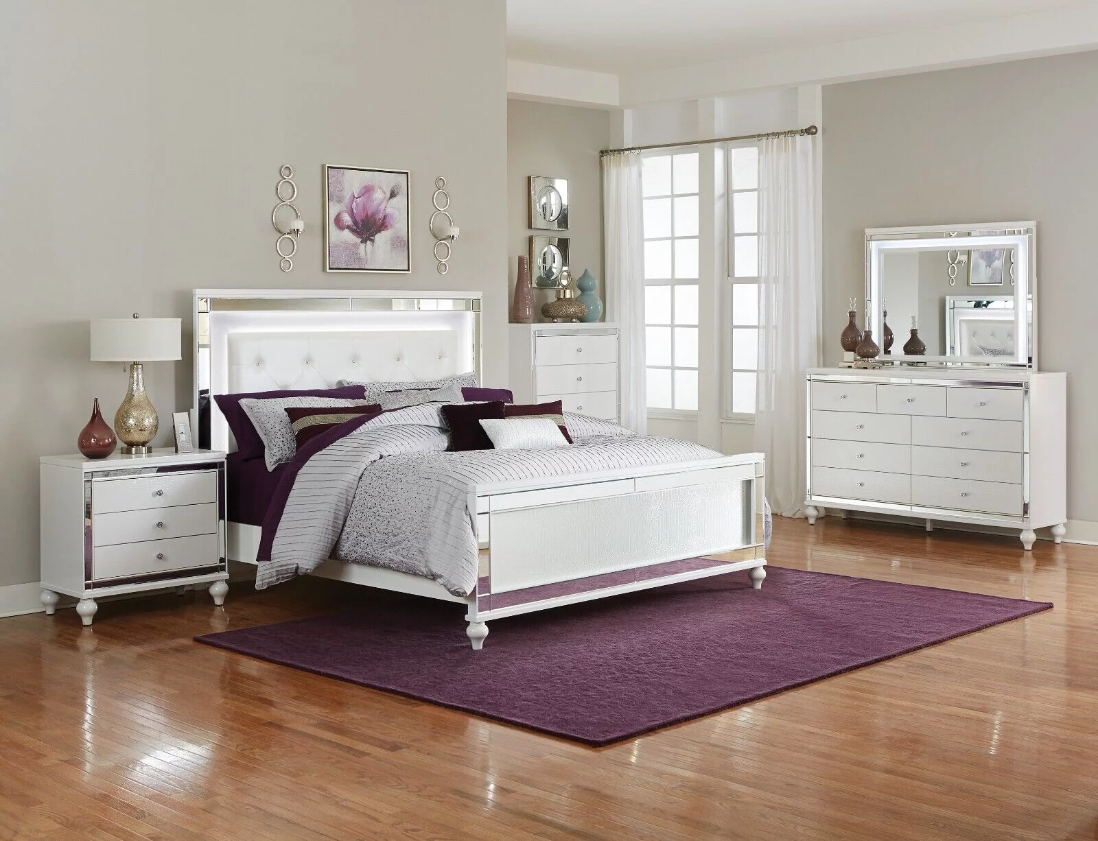 Contemporary White Metallic Finish 4pc Bedroom Set Cal-King Bed Nightstand Dresser LED Mirror Headboard