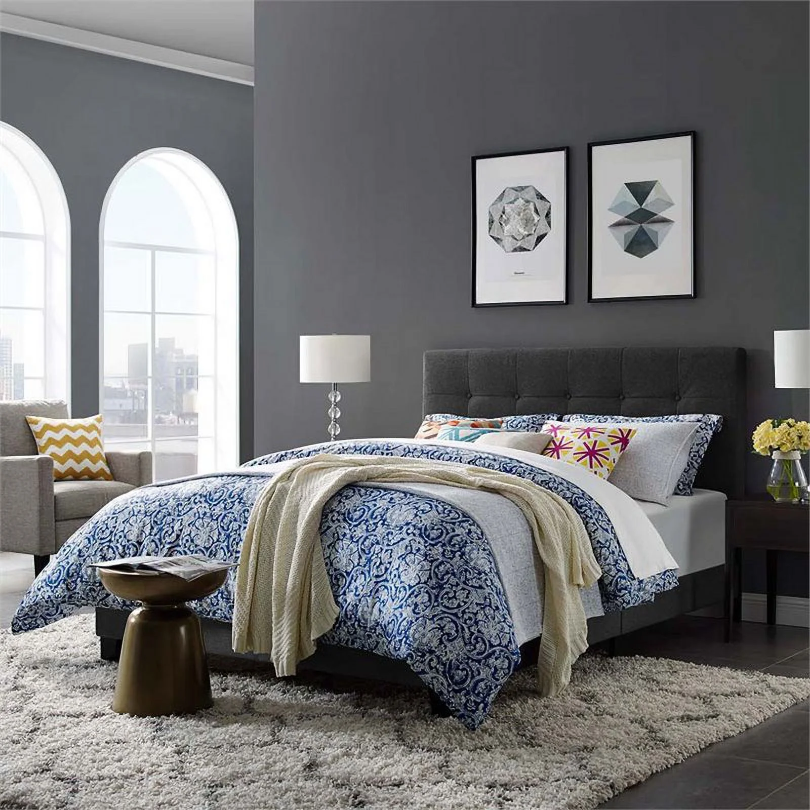 Pemberly Row Modern Upholstered Tufted Full Panel Bed in Gray