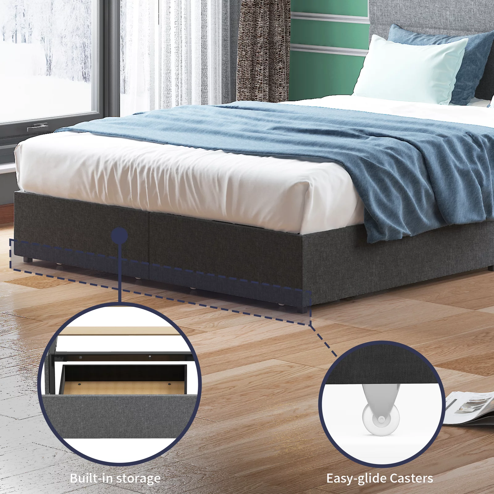 ZAFLY Cal King Size Bed Frame with Drawers, No Box Spring Needed Bed Frame with Headboard, Upholstered Platform Bed Frame with Large Storage Space for Bedroom, Dark Grey