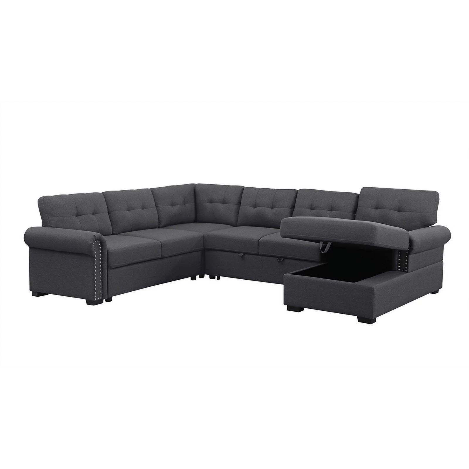Pemberly Row Sleeper Sofa-Dark Gray Soft Fabric with nail head trim