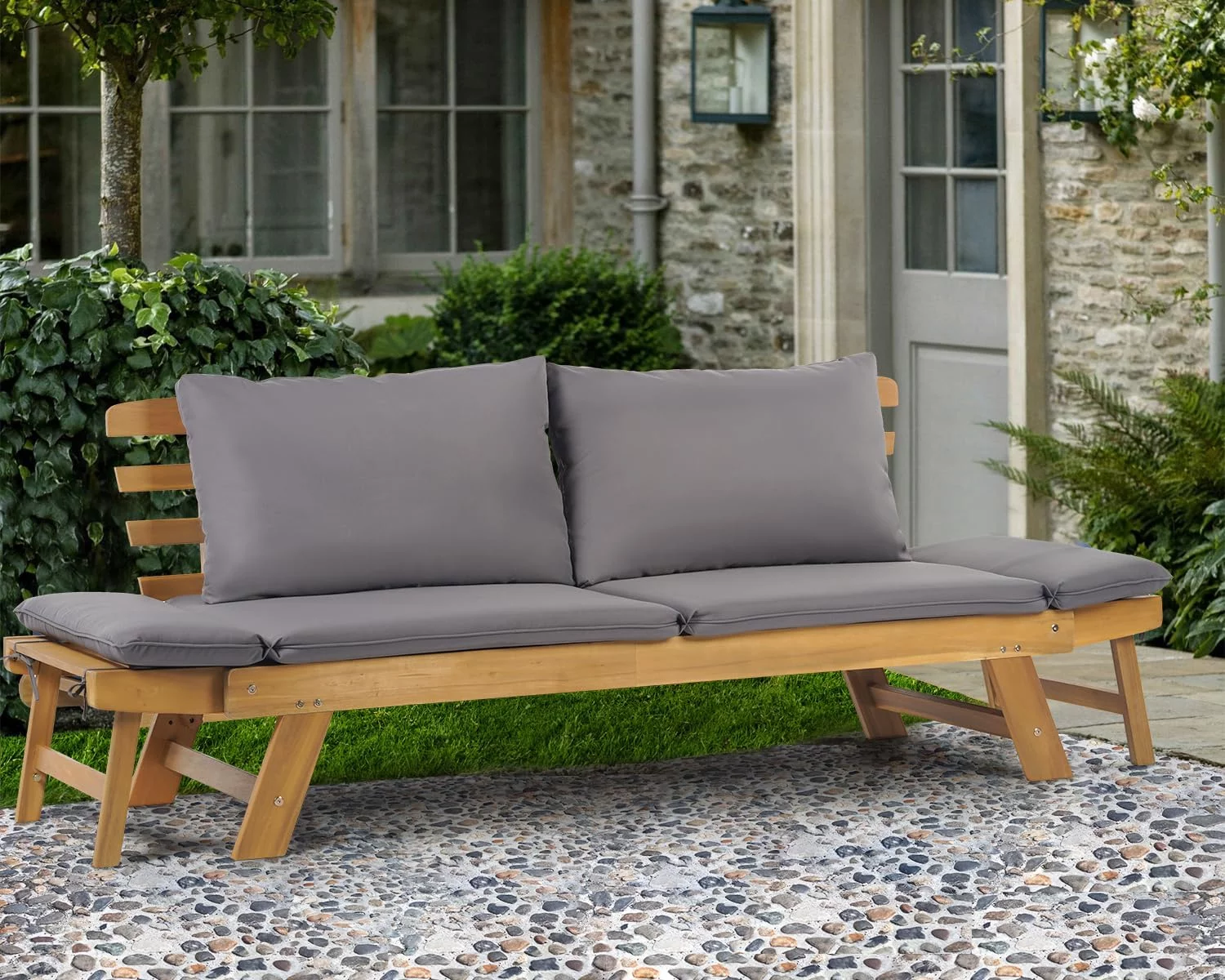 FDW Outdoor Couch Patio Couch Daybed with Adjustable Armrest, Wooden Loveseat with Cushion and Pillow, and Expandable Plate (Gray)
