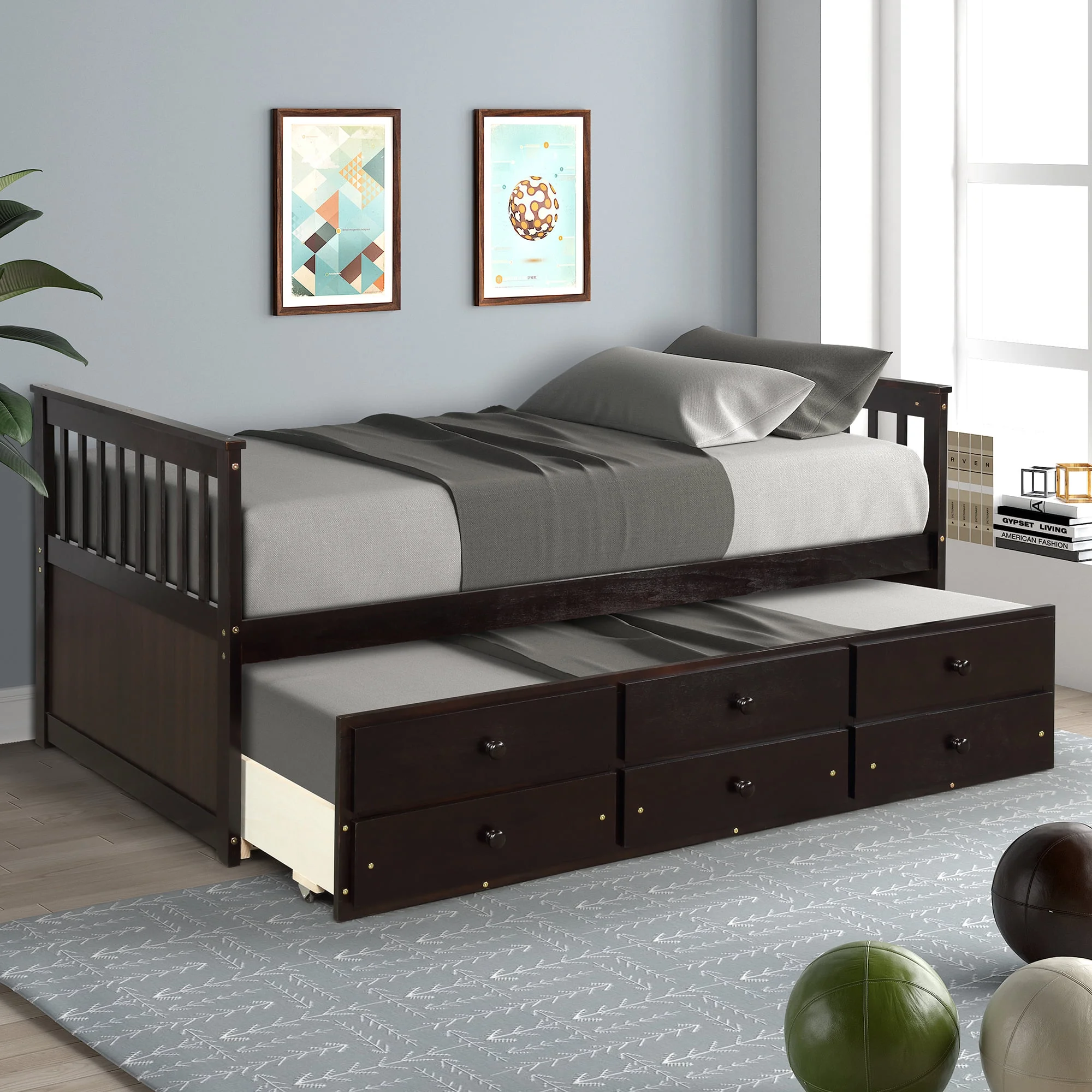 Bed Twin Daybed with Trundle Bed and Storage Drawers - Espresso Captain’s Bed
