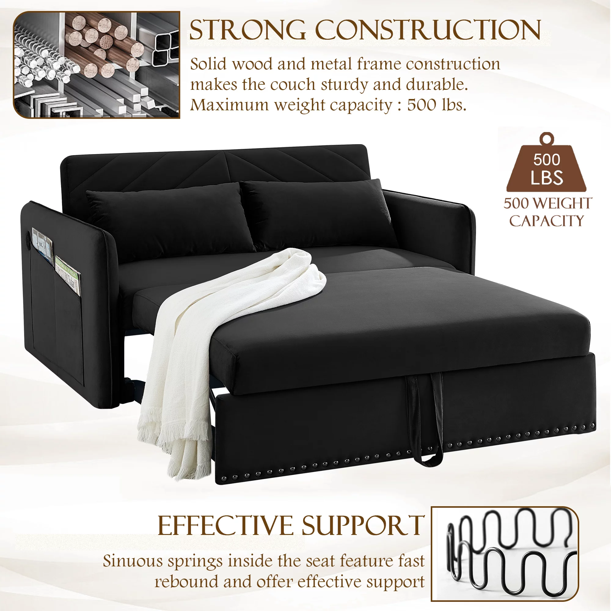 KINFFICT Pull Out Sofa Bed, 2 Seat Sleeper Sofa with Pull Out Couch, Upholstered Velvet Loveseat Sleeper with Adjustable Back, for Living Room, Black