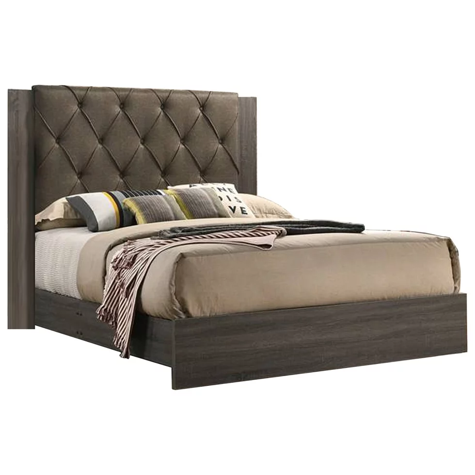 Contemporary Upholstered Tufted Headboard Eastern King Size Bed Gray Color Wooden 1pc Set Bedframe Slats
