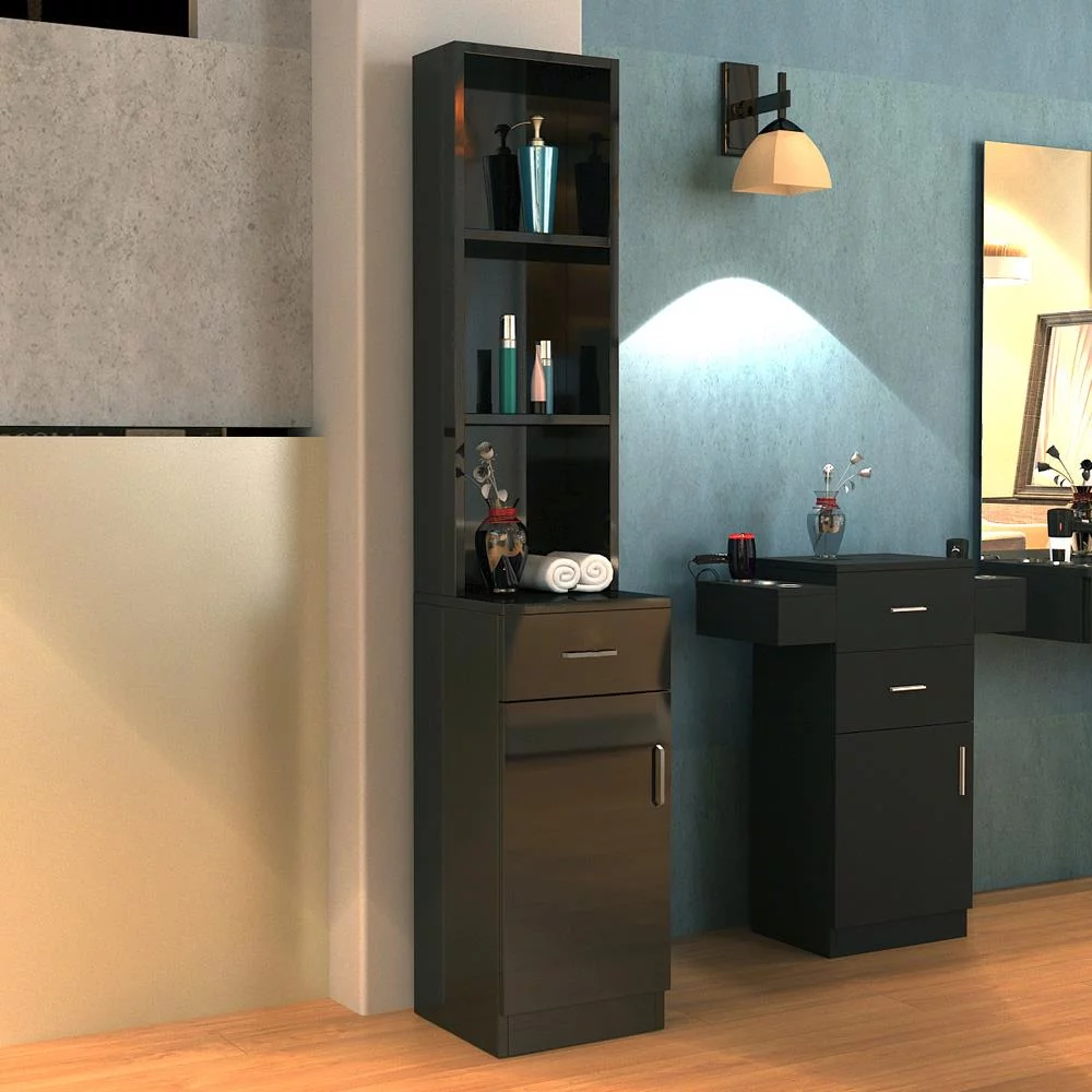 Zimtown Beauty Barber Station Makeup Hair Salon Cabinet, Freestanding Bathroom Tall Cabinet with 5 Shelves & Drawer, Black