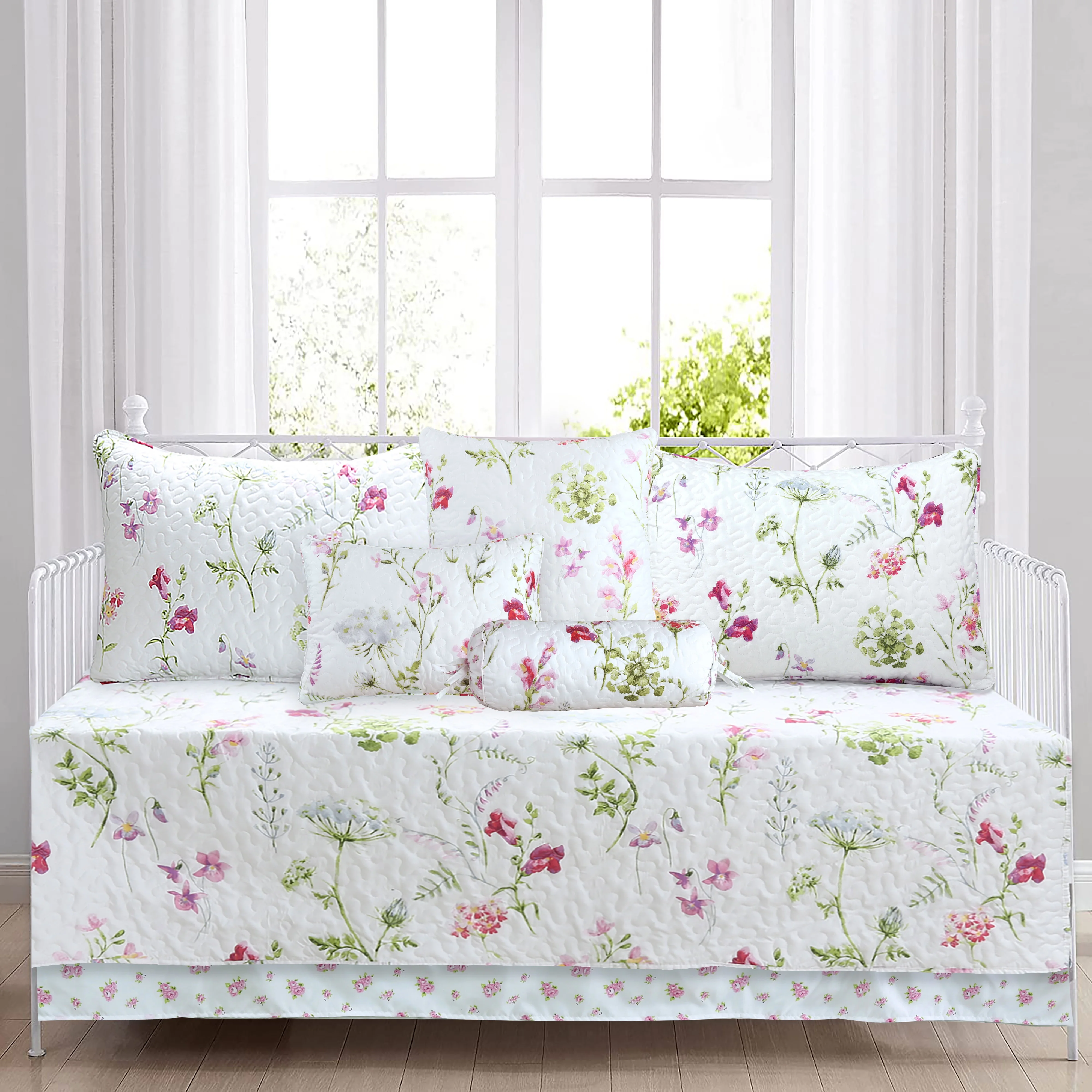 Summer Bloom Azalea Floral Garden Chintz 7-Piece Pink Blue White Green Microfiber Reversible DayBed Quilted Bedding Set with Décor Throw Pillows