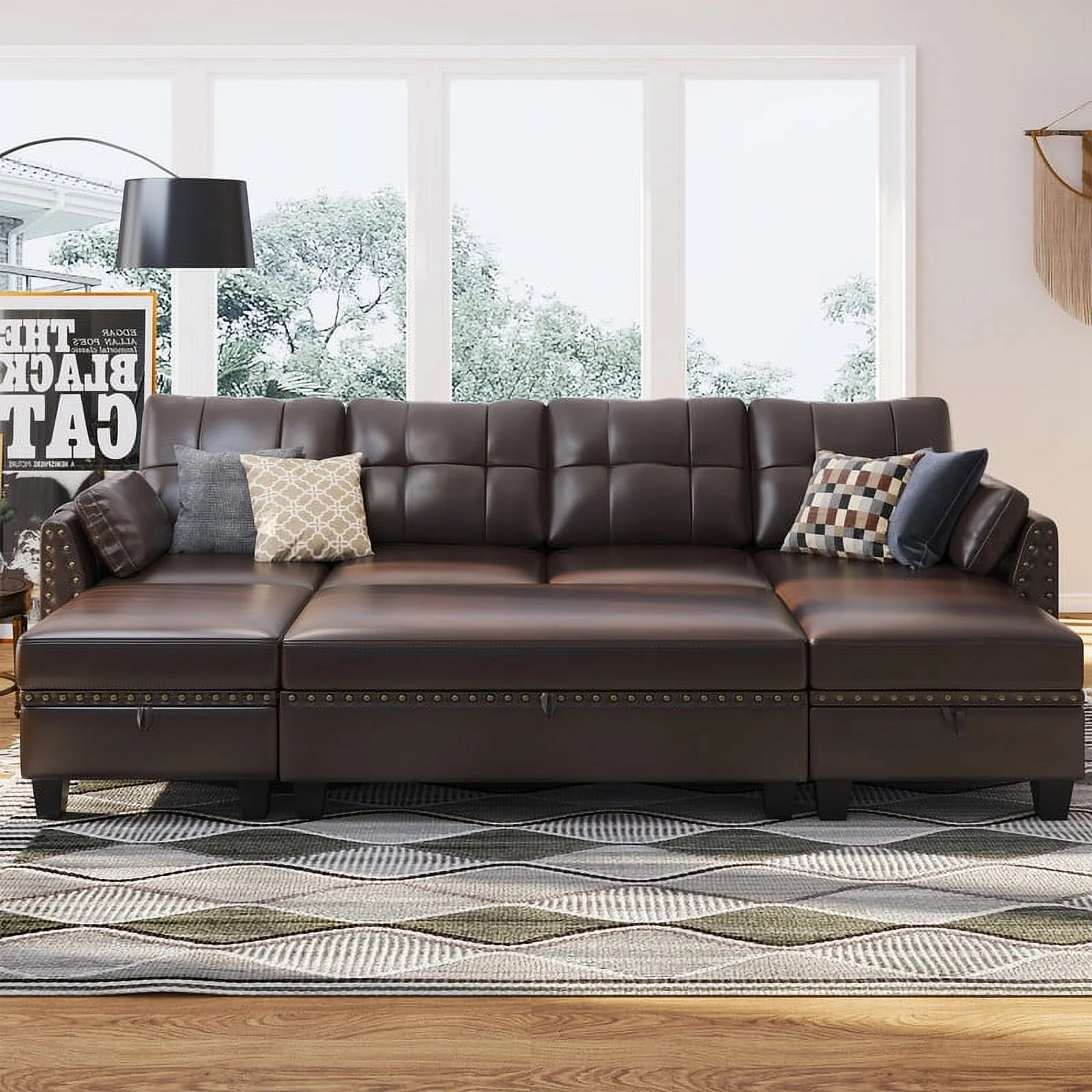HONBAY Convertible Tufted Faux Leather Sofa Bed with Storage for Living Room, Brown