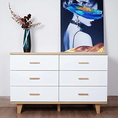 HBBOOMLIFE 6 Drawer Dresser with Wood Grain Tabletop and White Drawer Bedroom Dresser with Solid Wood Handles and Legs Tall Nightstand Cabinet for Living Room
