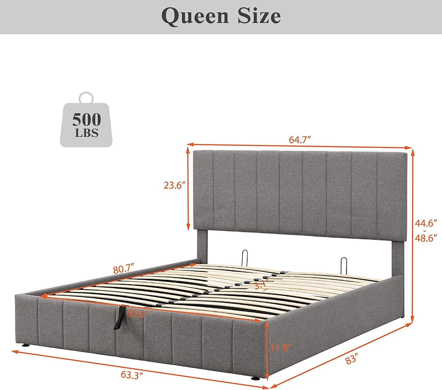 Quee Upholsered Plaform Bed Wih Gas Lif Up Sorage, Quee Bed Frame Wih Sorage Udereah Ad ufed Headboard, Woode Plaform Bed Wih Hydraulic Sorage Sysem (Quee Bed, Gray )