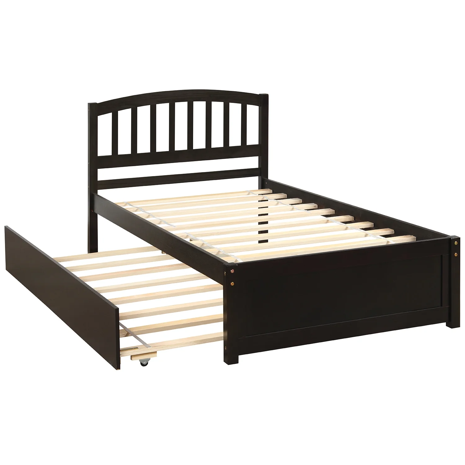 Dcenta Twin size Platform Bed Wood Bed Frame with Trundle, Espresso