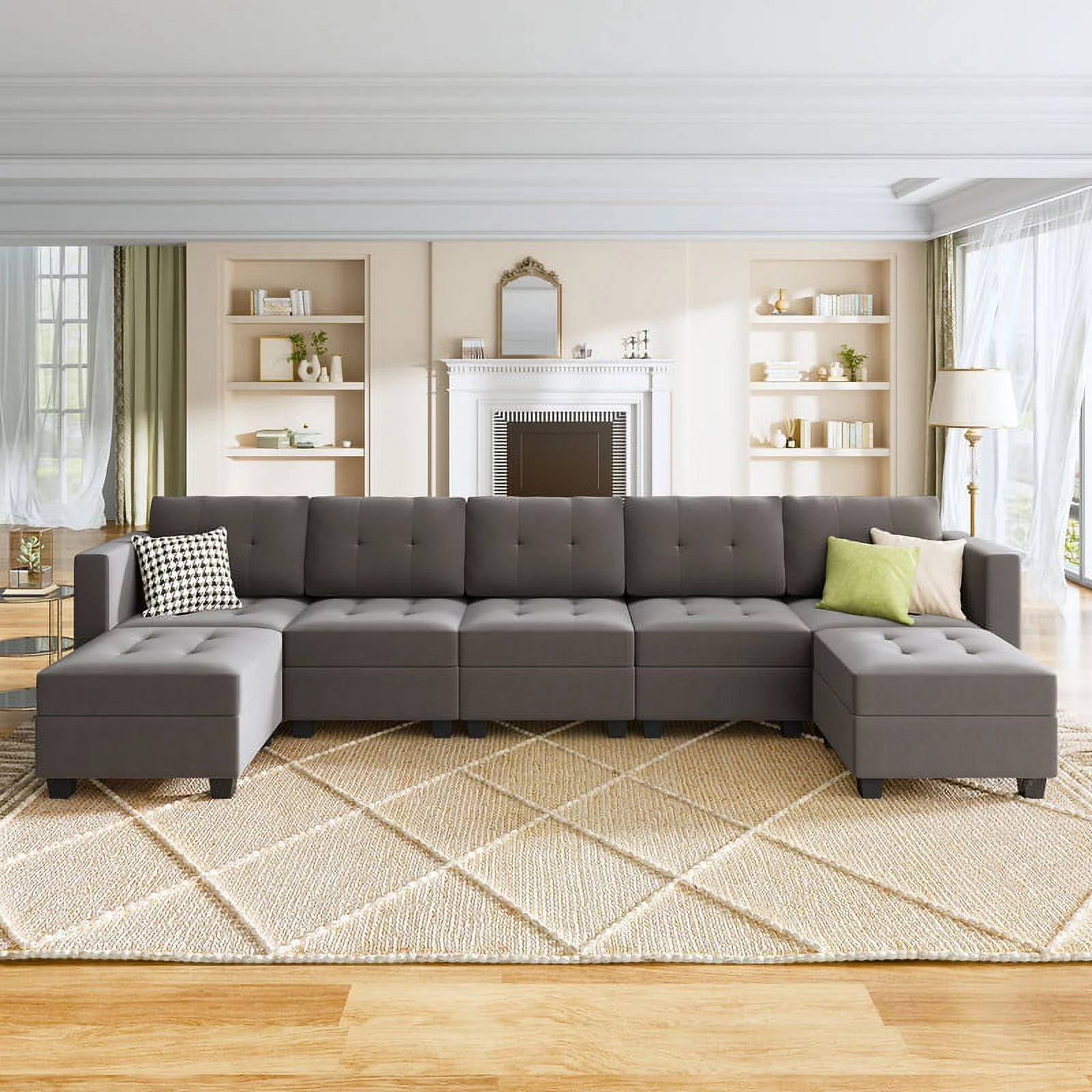 HONBAY Mid-Century Tufted Sofa Sectionals For Living Room, Pearl Grey