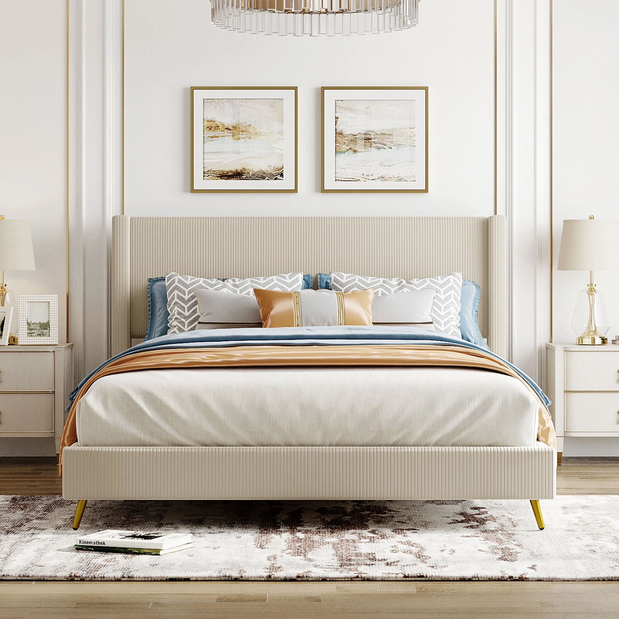 Gewnee Queen Size Corduroy Upholstered Platform Bed Frame with Wingback Headboard and Metal Legs,Beige