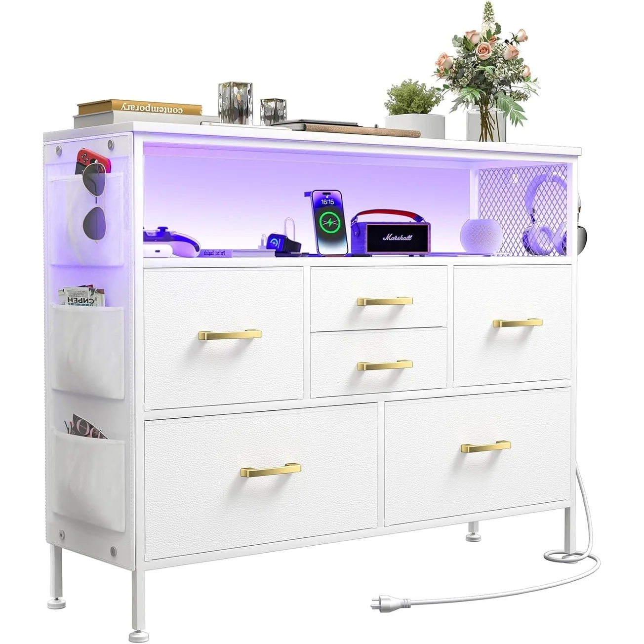 6 Drawers Dresser for Bedroom TV Stand with Power Outlets and LED Light, White